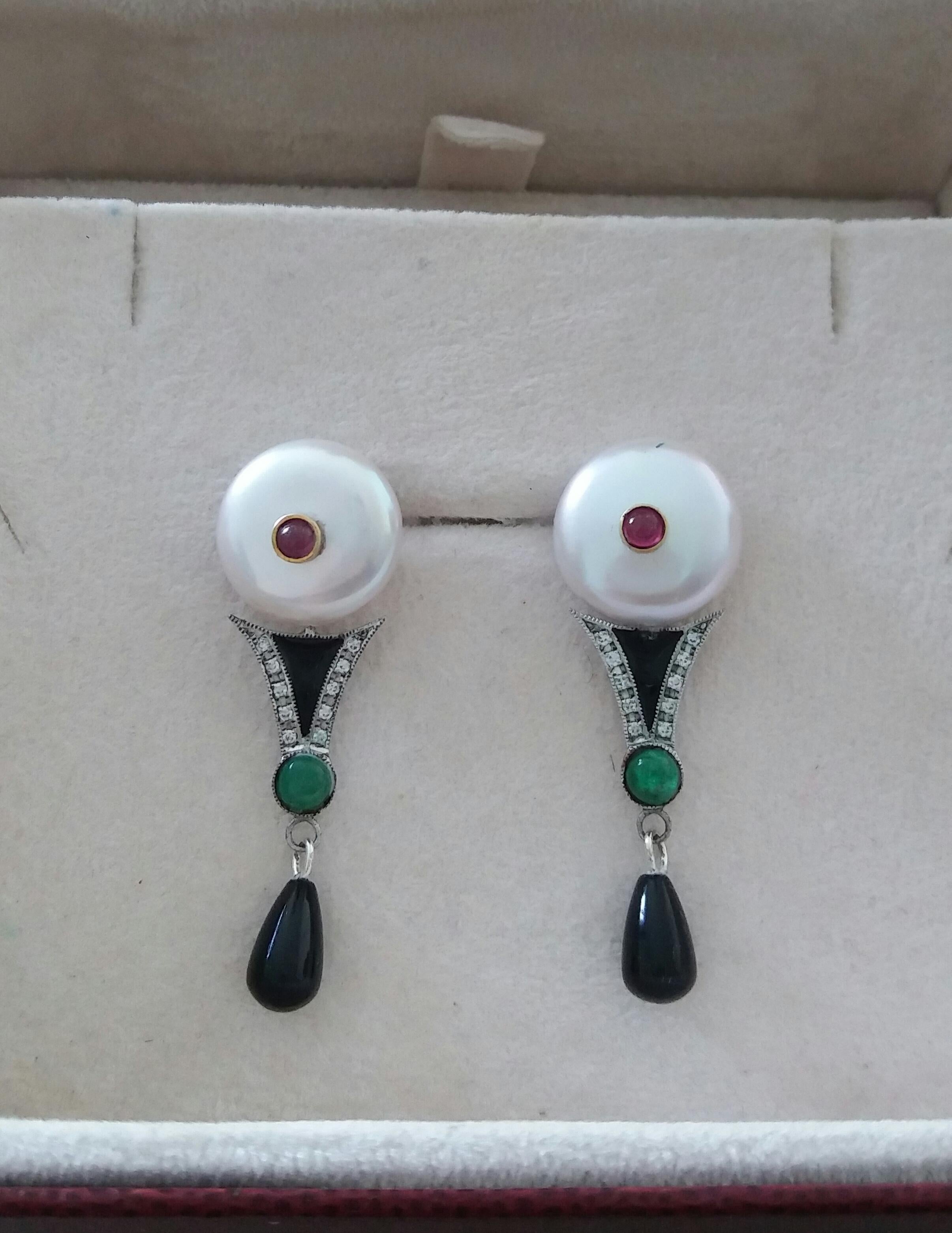 Art Deco Style Pearls Ruby Emeralds Gold Diamonds Onyx Enamel Jade Drop Earrings 2