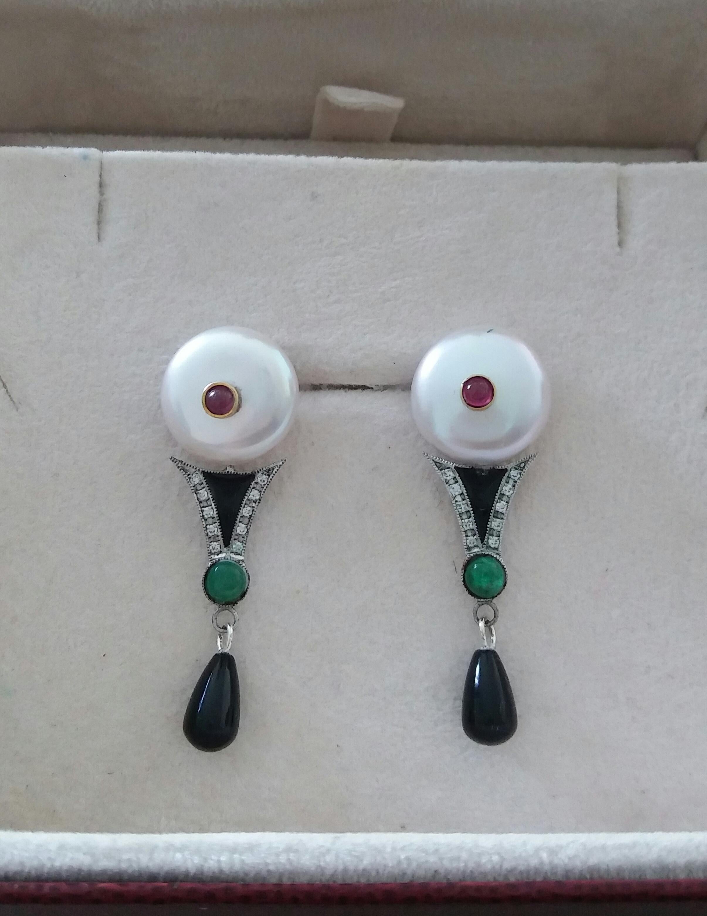 Art Deco Style Pearls Ruby Emeralds Gold Diamonds Onyx Enamel Jade Drop Earrings For Sale 3