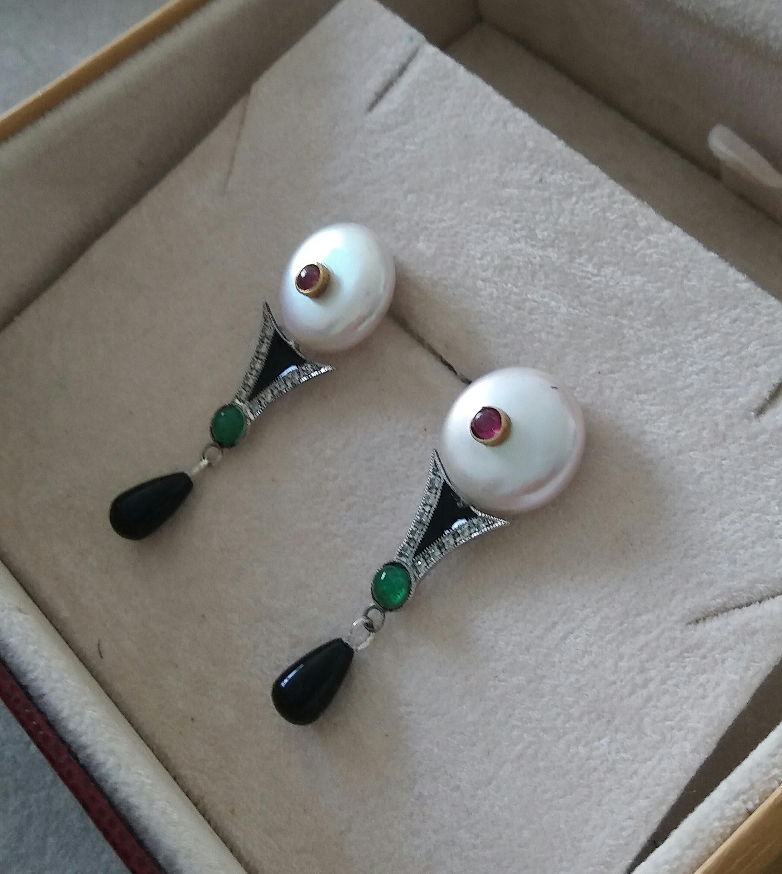 Art Deco Style Pearls Ruby Emeralds Gold Diamonds Onyx Enamel Jade Drop Earrings For Sale 4