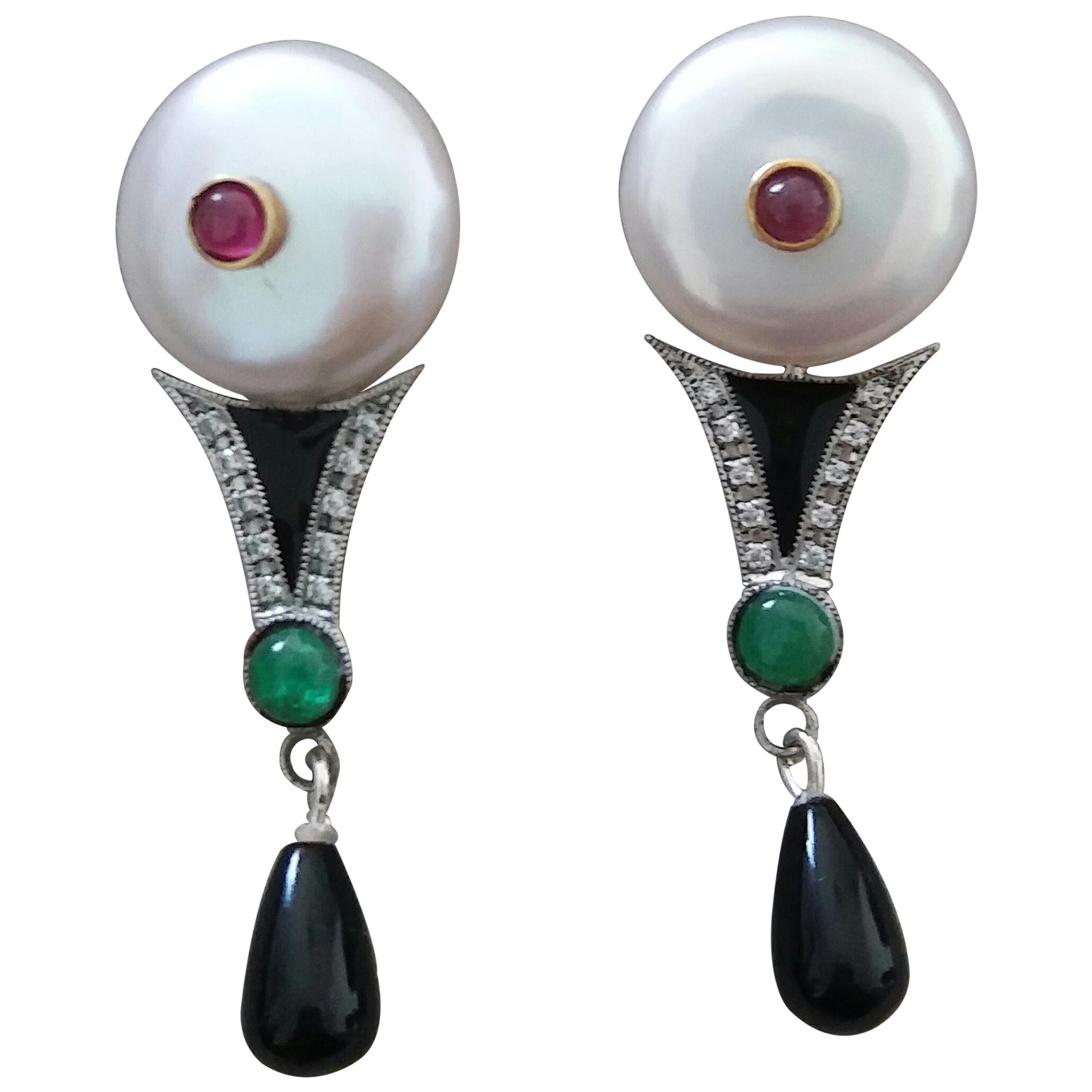 Art Deco Style Pearls Ruby Emeralds Gold Diamonds Onyx Enamel Jade Drop Earrings For Sale