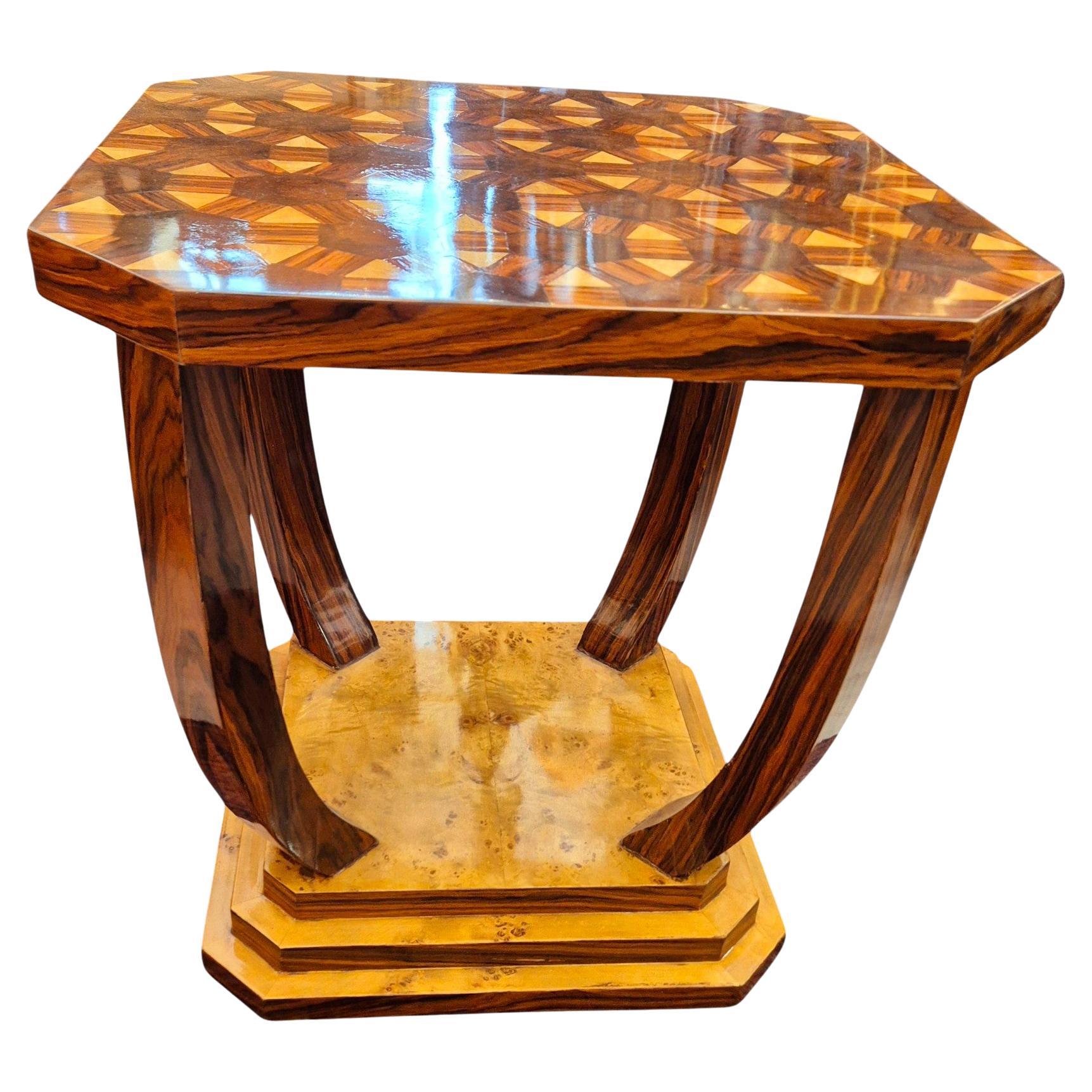 Art Deco style pedestal table with wooden marquetry, circa 1980