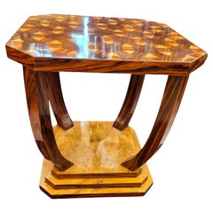 Art Deco style pedestal table with wooden marquetry, circa 1980
