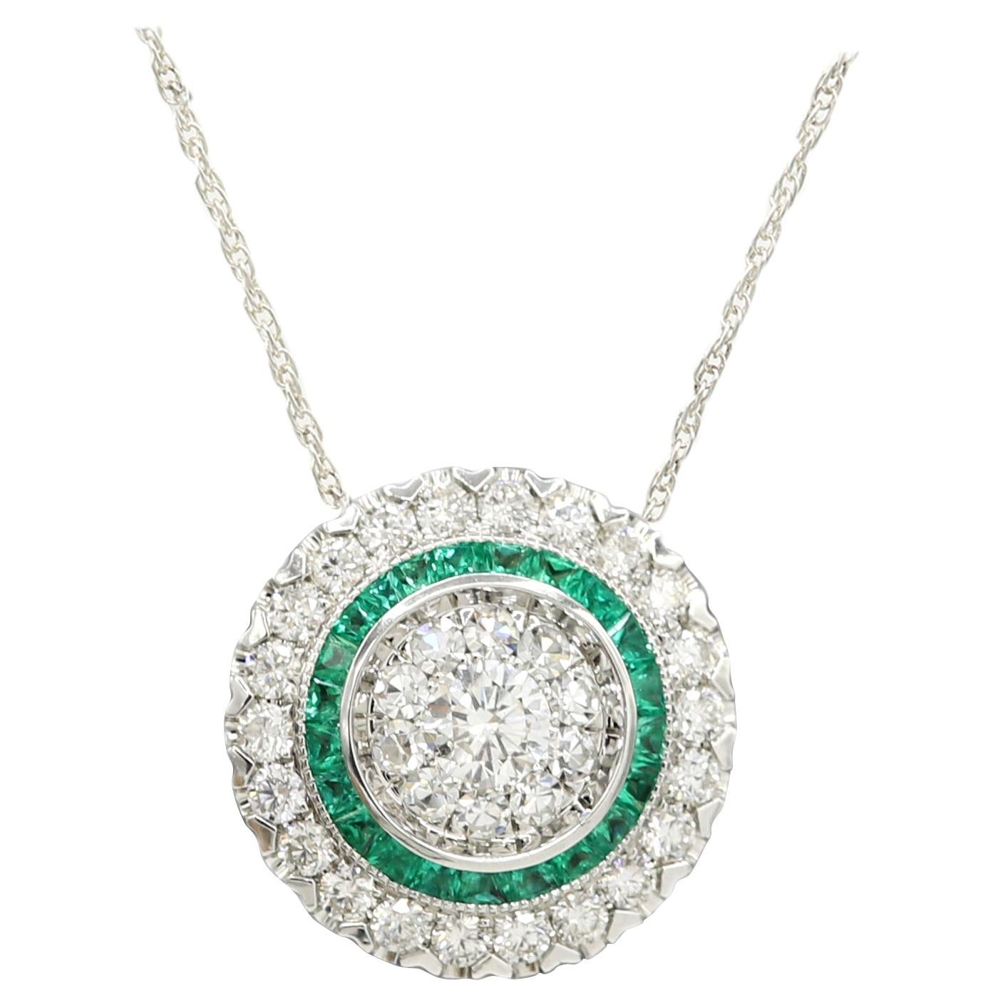 Art Deco Style Pendant 18 Karat Gold Diamonds and Emerald Art Deco Necklace For Sale