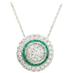 Art Deco Style Pendant 18 Karat Gold Diamonds and Emerald Art Deco Necklace