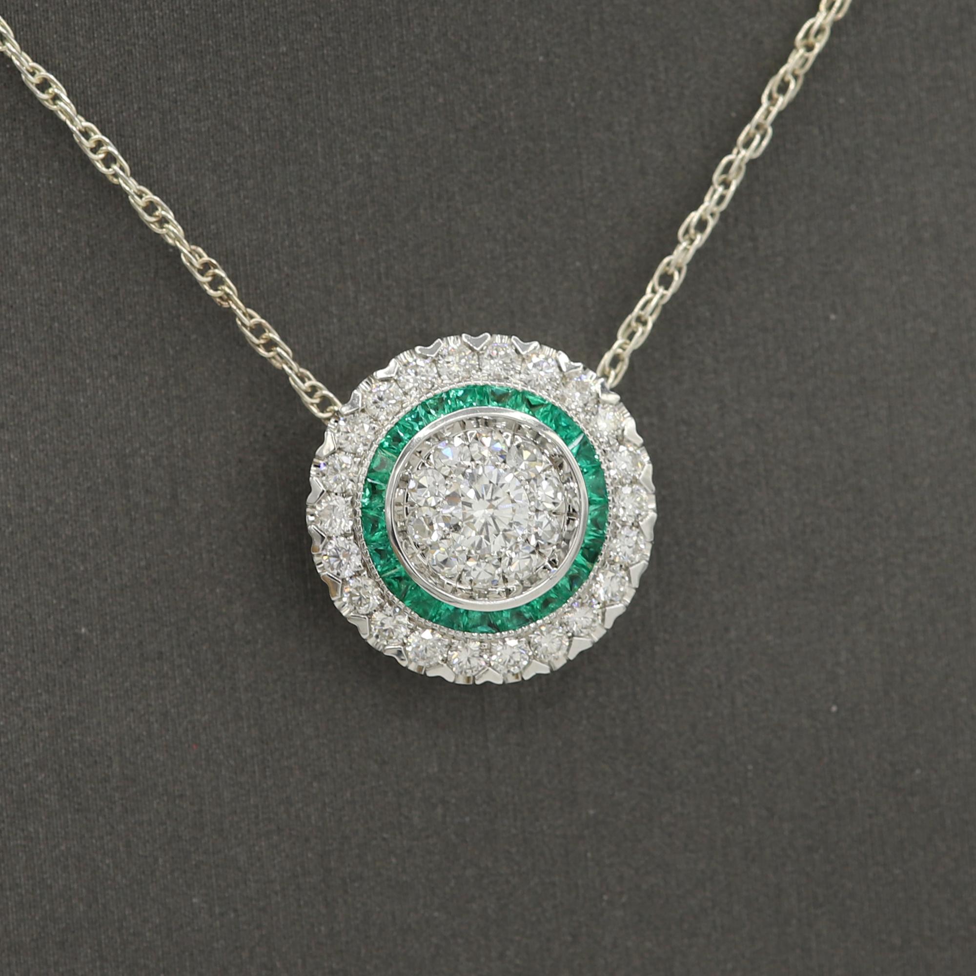 Women's Art Deco Style Pendant 18 Karat Gold Diamonds and Emerald Art Deco Necklace For Sale