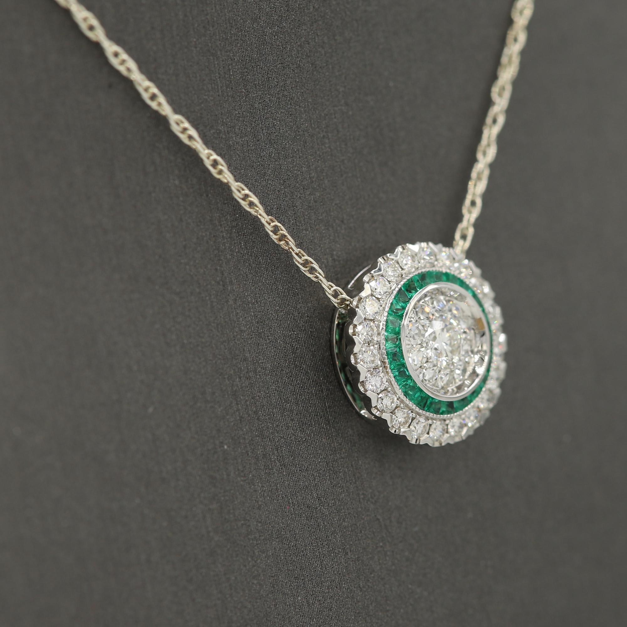 Art Deco Style Pendant 18 Karat Gold Diamonds and Emerald Art Deco Necklace For Sale 3