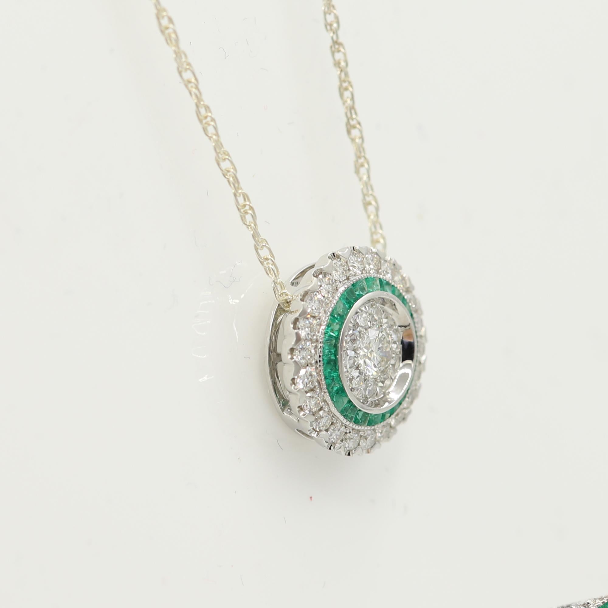 Art Deco Style Pendant 18 Karat Gold Diamonds and Emerald Art Deco Necklace For Sale 4