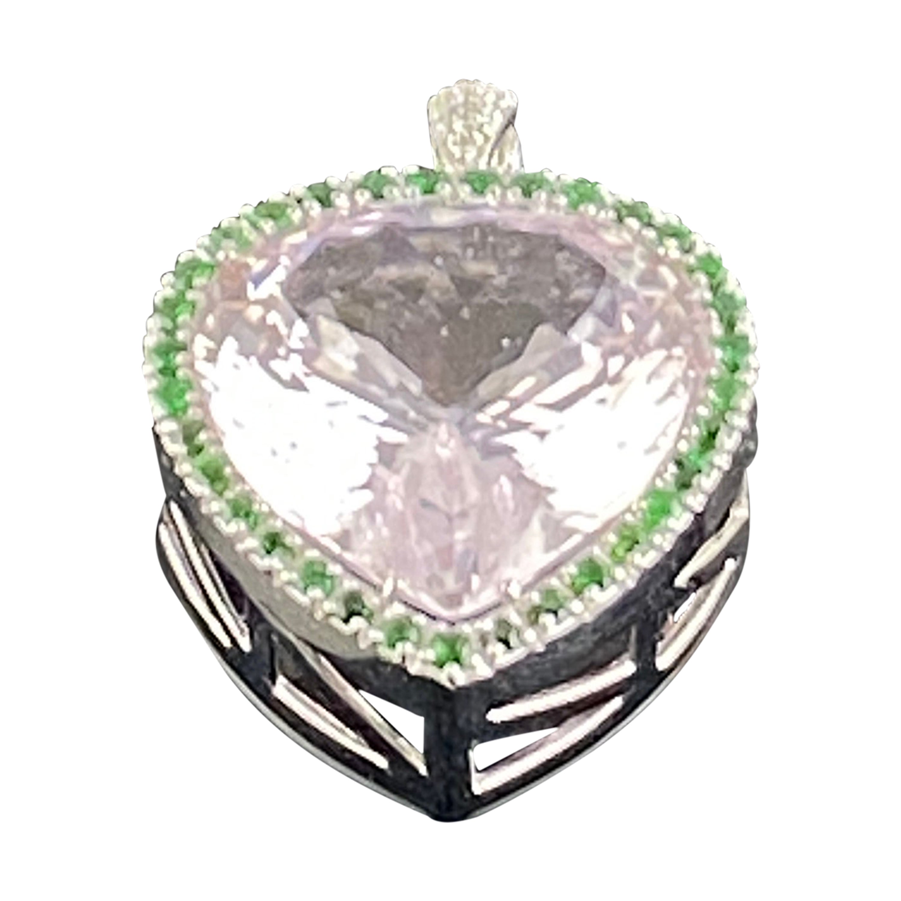 Art Deco Style Pendant, Heart Shaped Kunznite And Round Tsavorites In 18K Gold For Sale