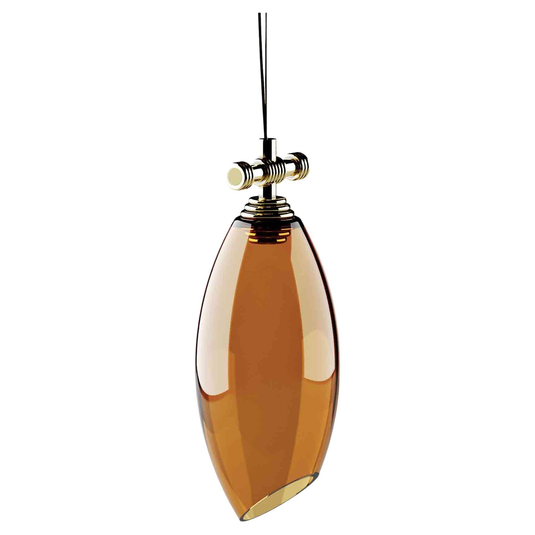 Art-Deco Style Pendant Lamp with Amber Blown Glass and Polished Brass