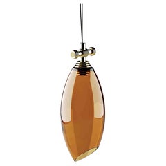 Art-Deco Style Pendant Lamp with Amber Blown Glass and Polished Brass