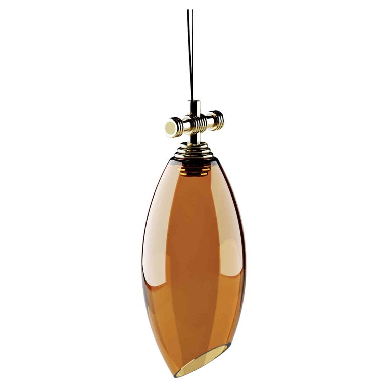 Art-Deco Style Pendant Lamp with Amber Blown Glass and Polished Brass For Sale