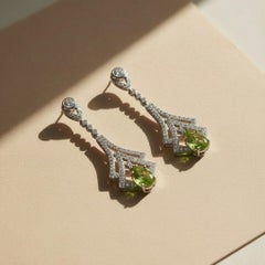 Art Deco Style Peridot and Colorless Topaz Drop Earrings 14k gold