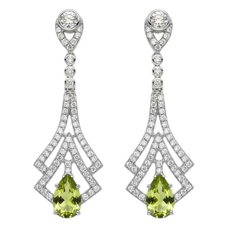 Art Deco Style Peridot and Colorless Topaz Drop Earrings 14k gold For Sale