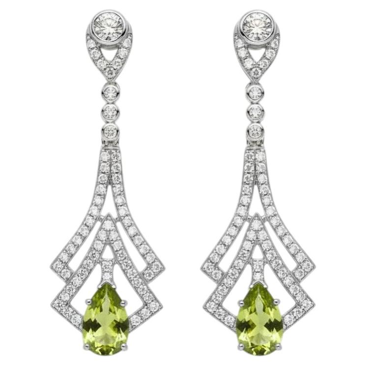 Art Deco Style Peridot and Colorless Topaz Drop Earrings silver, gold