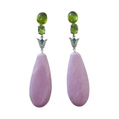 Art Deco Style Peridot Phosphosiderite Gold Diamonds Green Enamel Drop Earrings