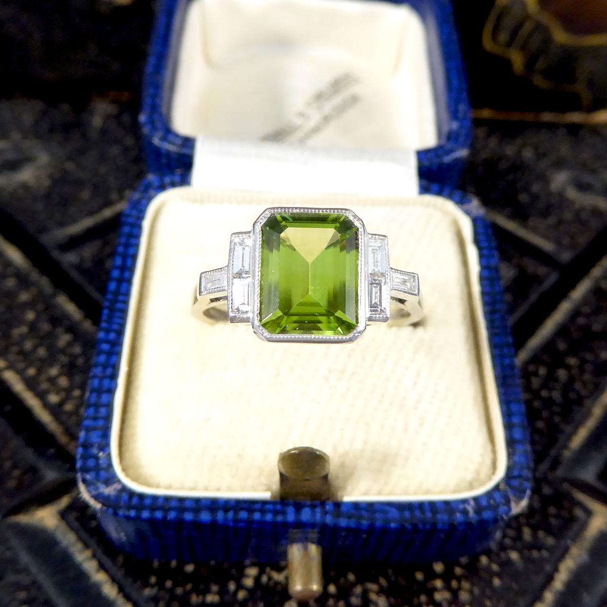 Women's Art Deco Style Peridot Ring with Diamond Set Shoulder in Platinum For Sale