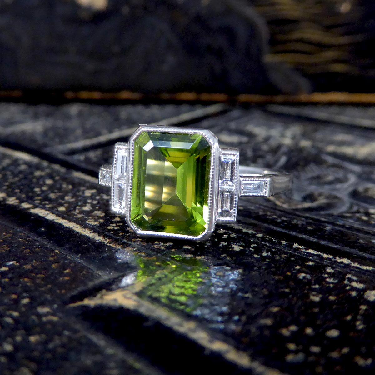 Art Deco Style Peridot Ring with Diamond Set Shoulder in Platinum For Sale 1