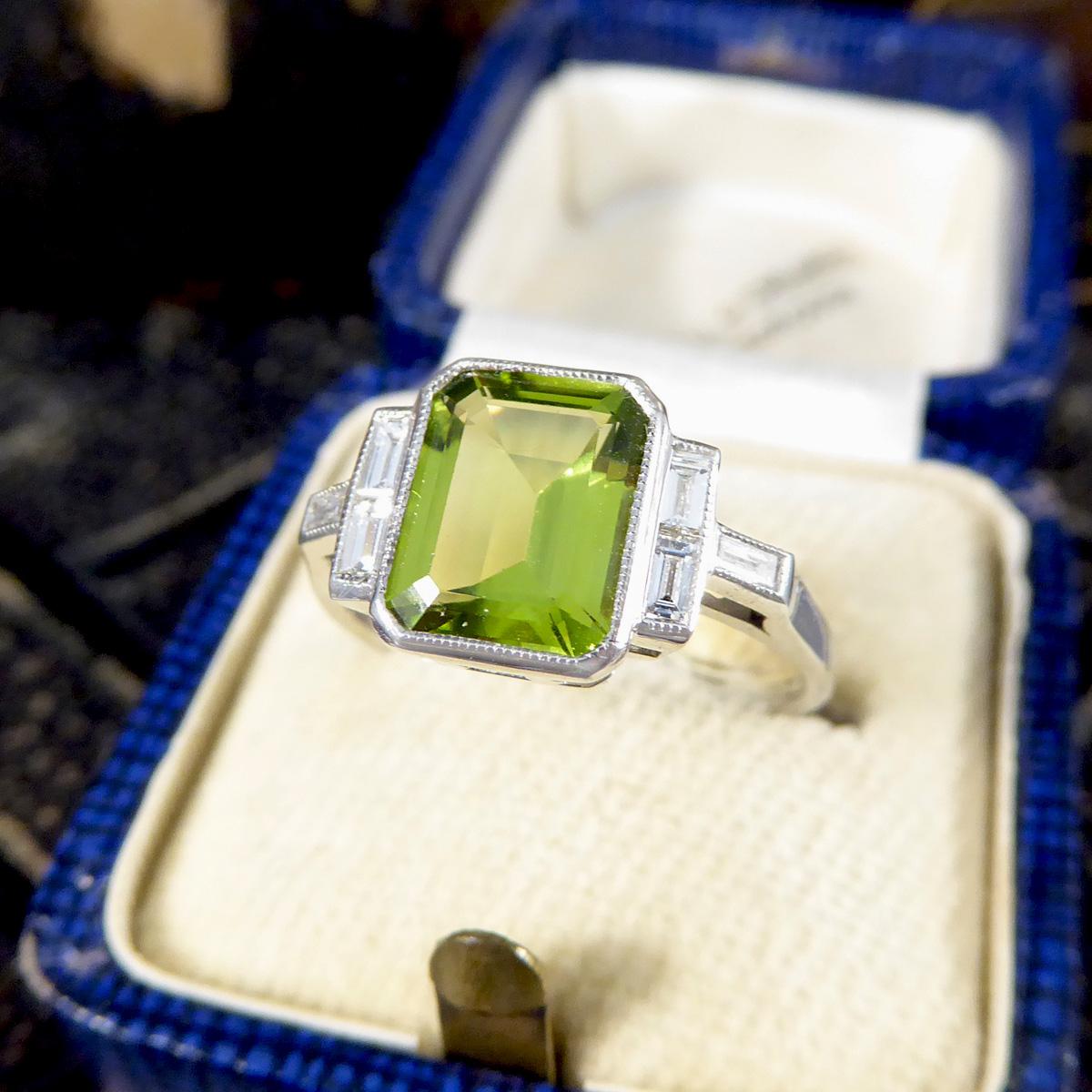 Art Deco Style Peridot Ring with Diamond Set Shoulder in Platinum For Sale 2