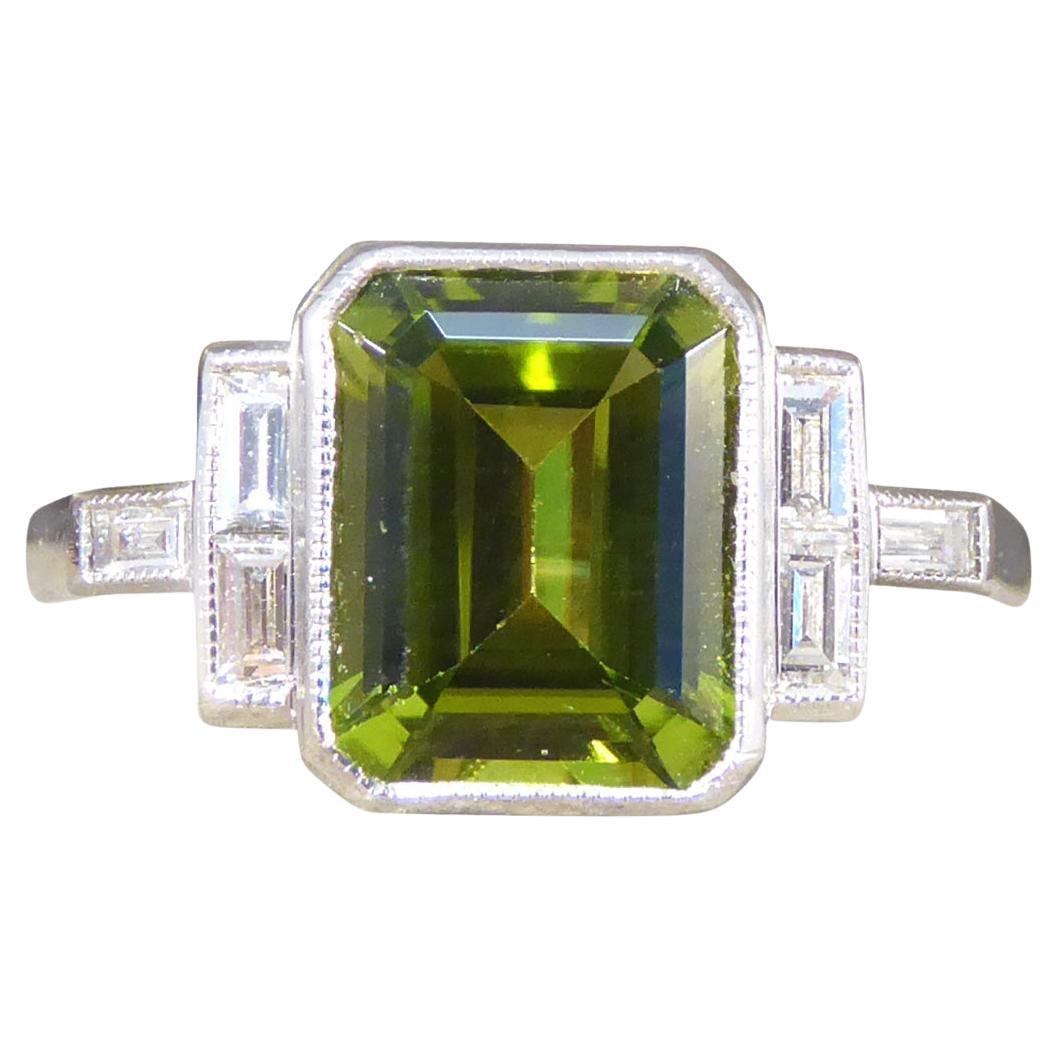 Art Deco Style Peridot Ring with Diamond Set Shoulder in Platinum For Sale