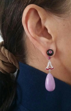 Art Deco Stil Phosphosiderit Rubin Gold Diamant Schwarz Onix Tropfen Ohrringe