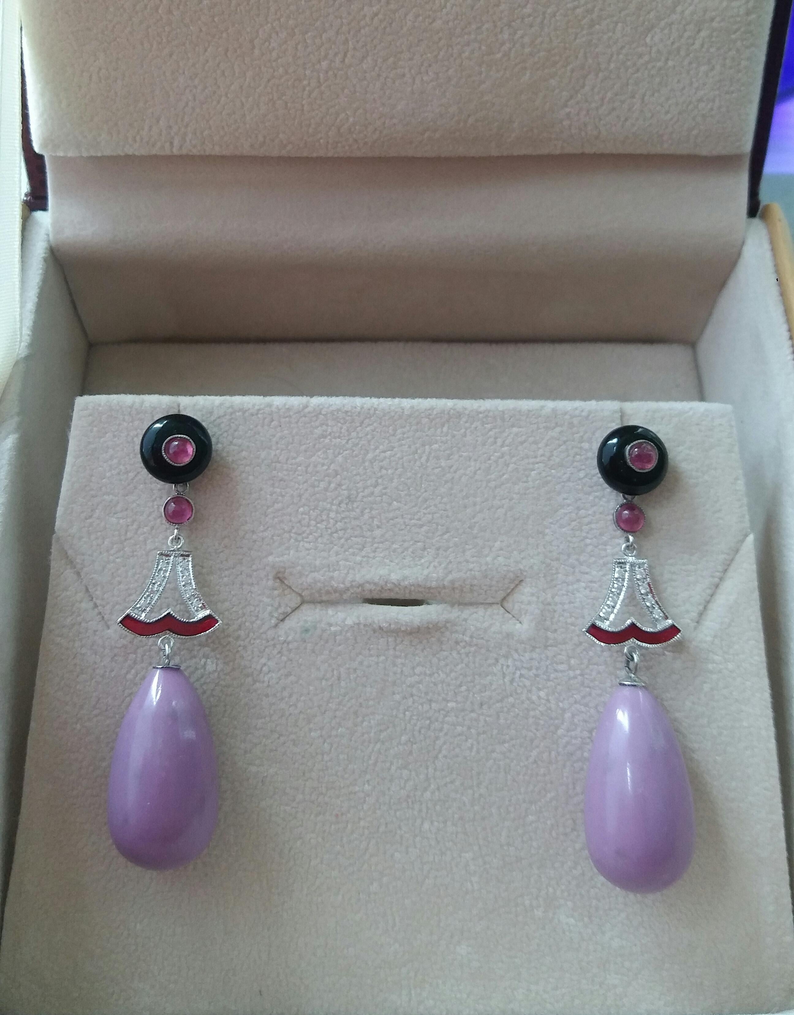 Art Deco Style Phosphosiderite Ruby Gold Diamond Black Onix Drops Earrings In Good Condition For Sale In Bangkok, TH