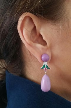 Art Deco Style Phosphosiderite Ruby Gold Diamonds Green Enamel Dangle Earrings