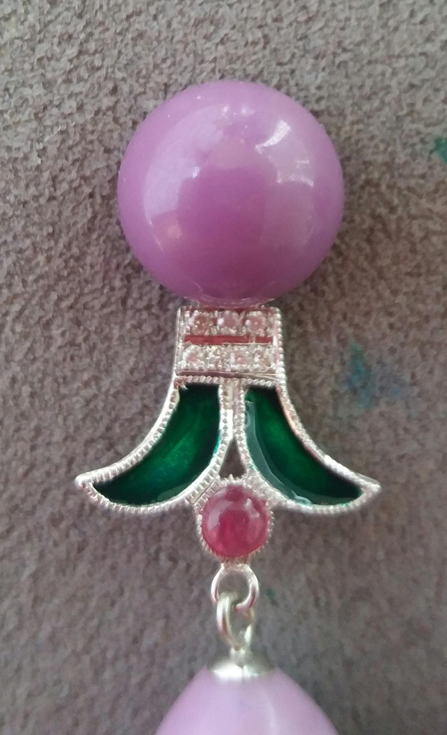 Art Deco Style Phosphosiderite Ruby Gold Diamonds Green Enamel Dangle Earrings For Sale 2