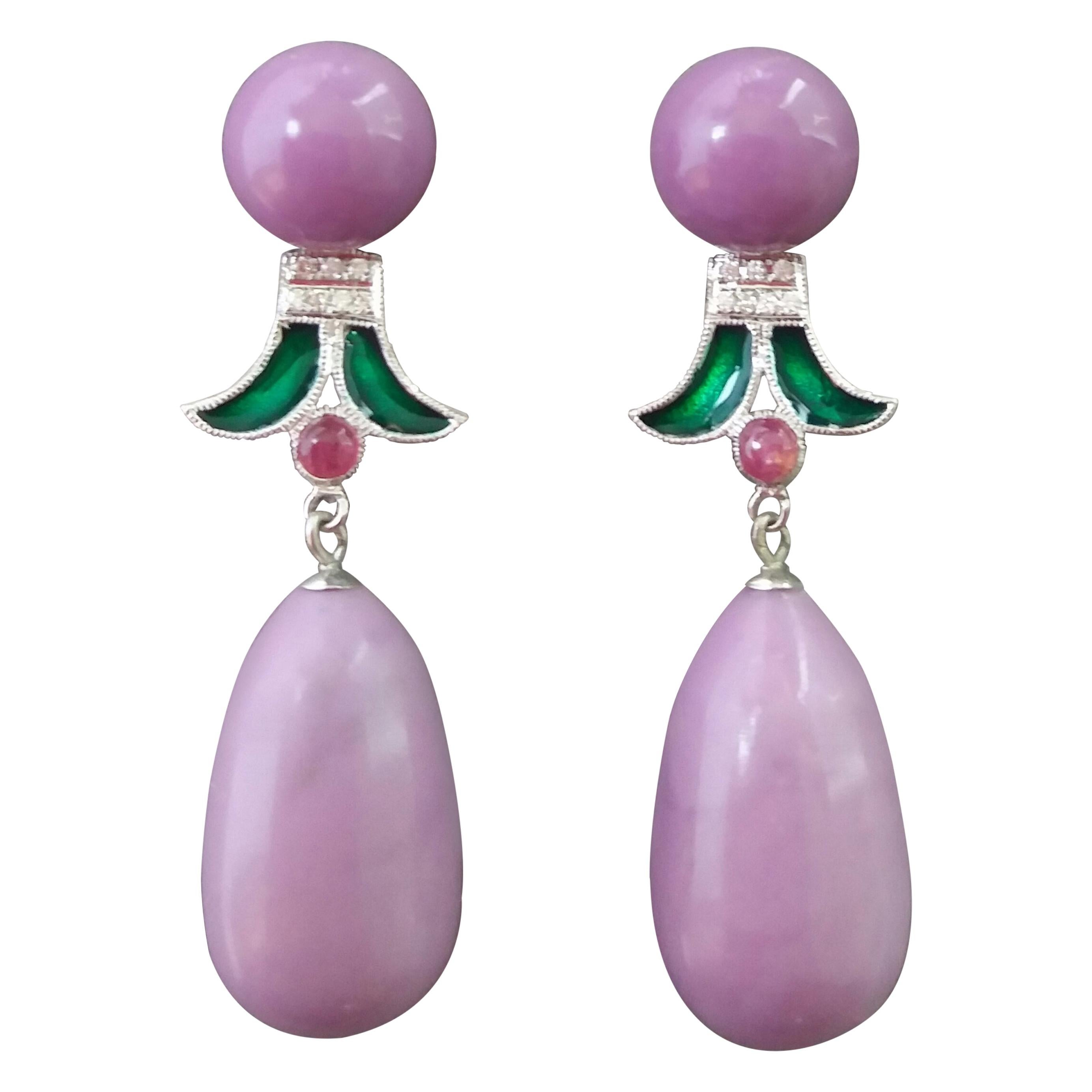 Art Deco Style Phosphosiderite Ruby Gold Diamonds Green Enamel Dangle Earrings For Sale