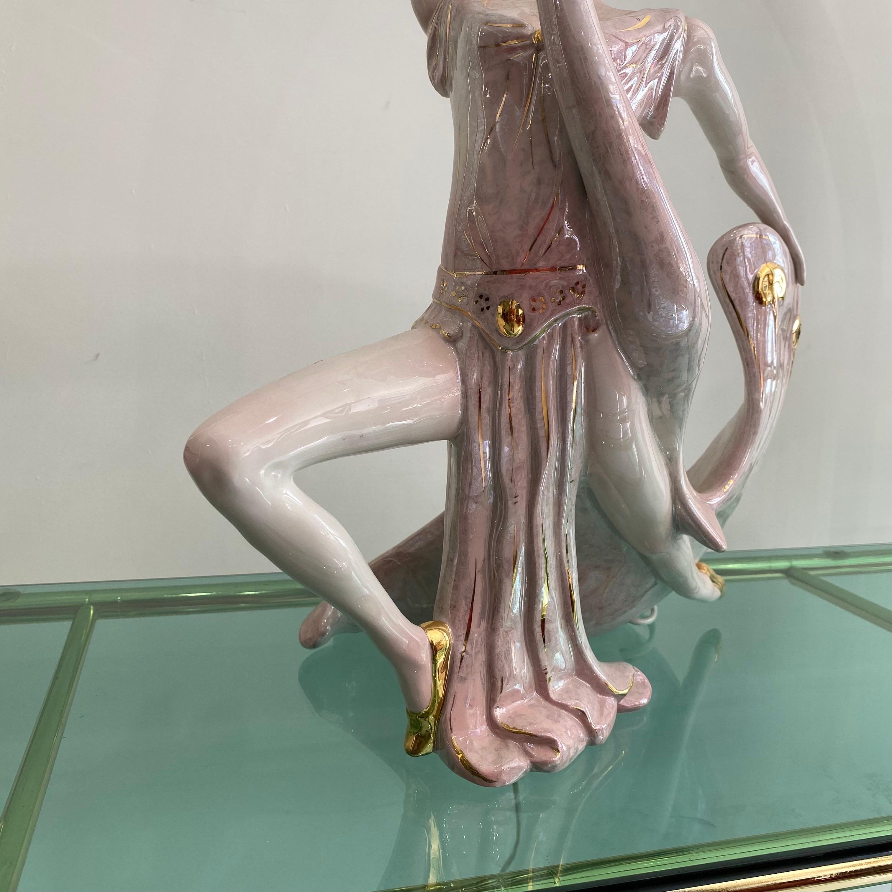 Art Deco Style Pink Ceramic Dancer Table Lamp 1980s Gold Brass Vintage Swan 1920 For Sale 3