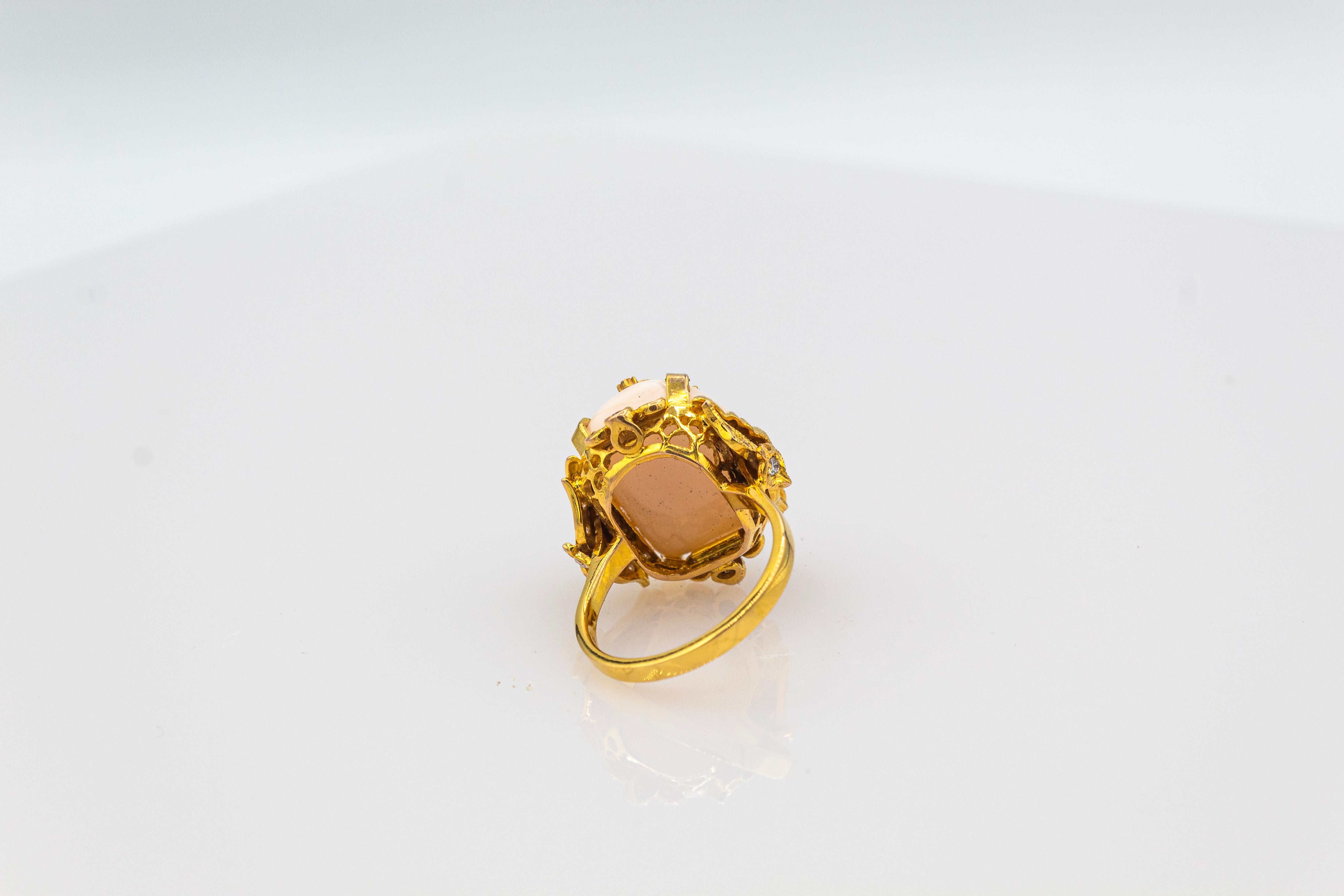 Art Deco Style Pink Coral White Diamond Emerald Yellow Gold Cocktail Ring 5