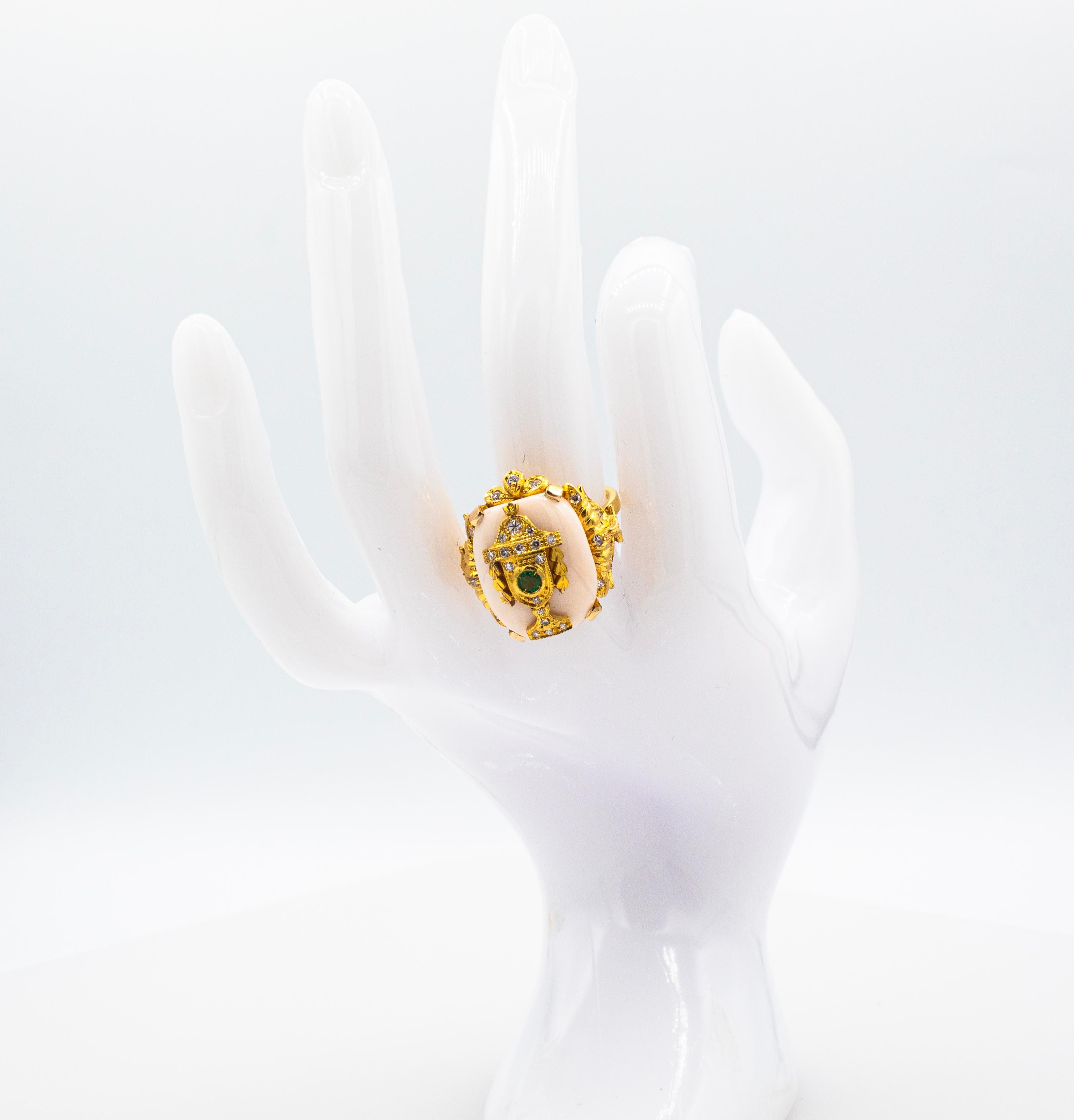 Art Deco Style Pink Coral White Diamond Emerald Yellow Gold Cocktail Ring 6