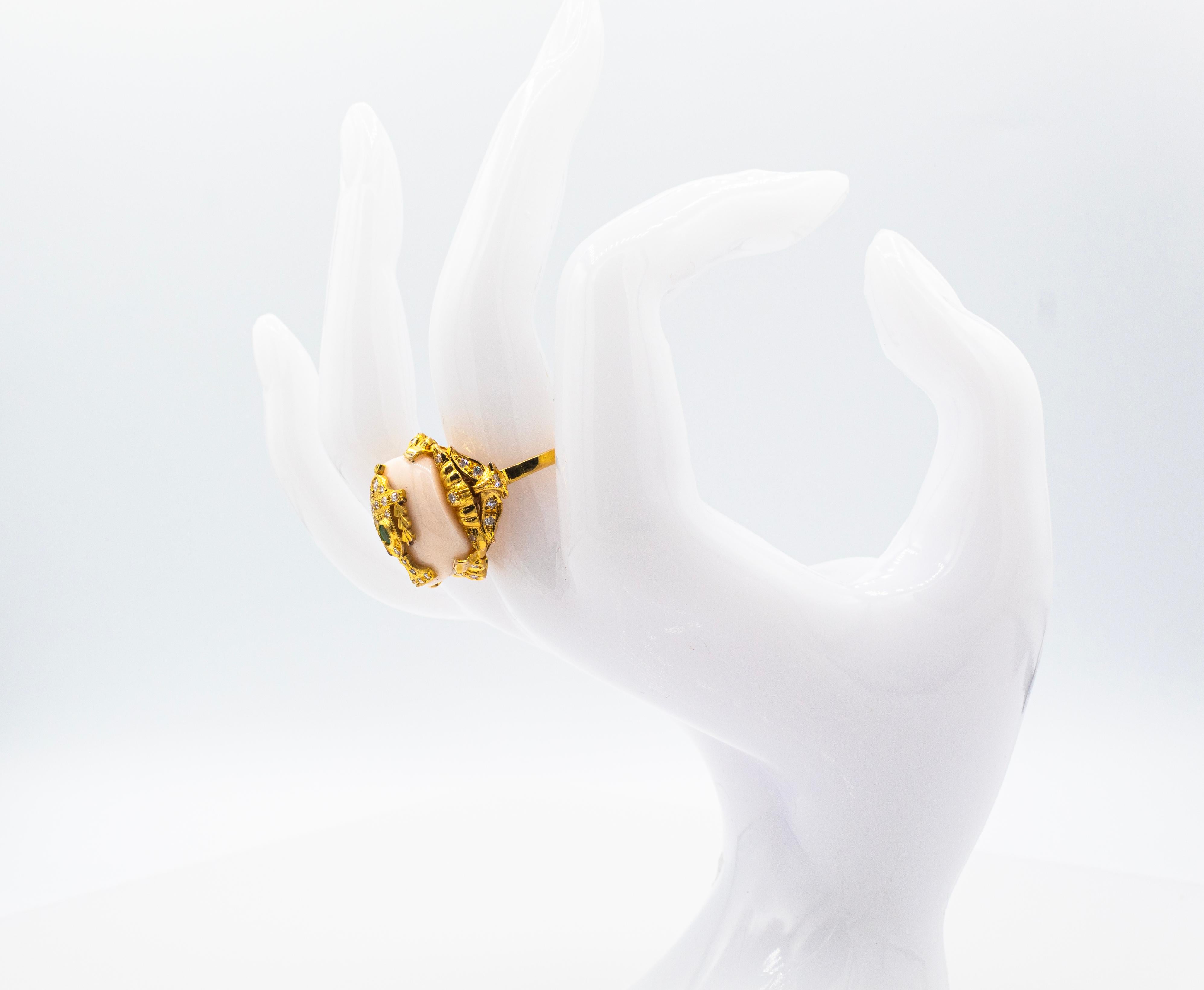 Art Deco Style Pink Coral White Diamond Emerald Yellow Gold Cocktail Ring 7
