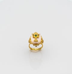Art Deco Style Pink Coral White Diamond Emerald Yellow Gold Cocktail Ring