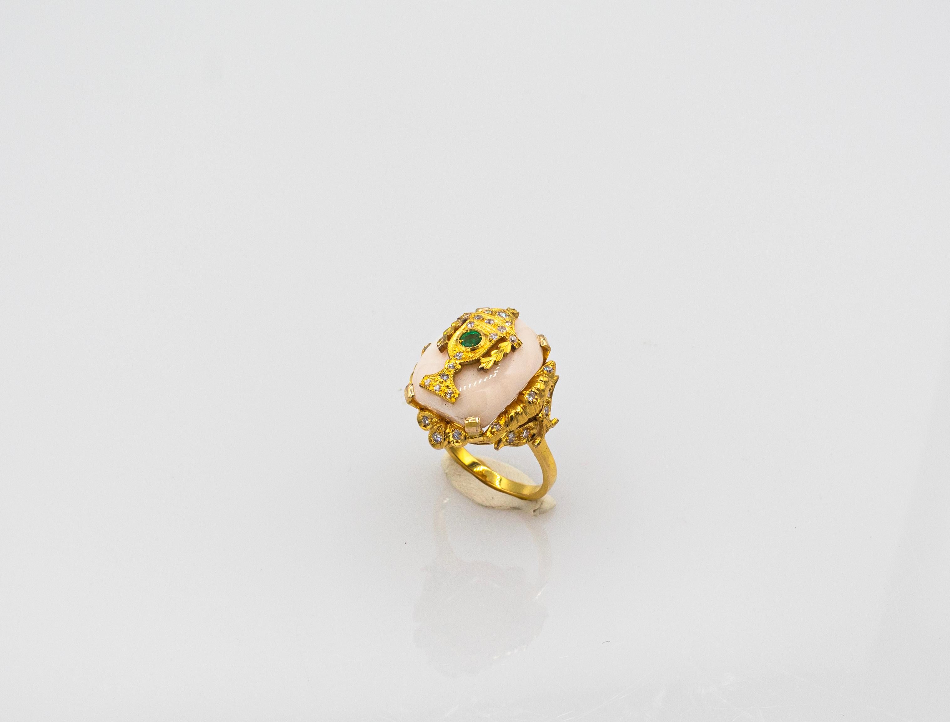 Cabochon Art Deco Style Pink Coral White Diamond Emerald Yellow Gold Cocktail Ring