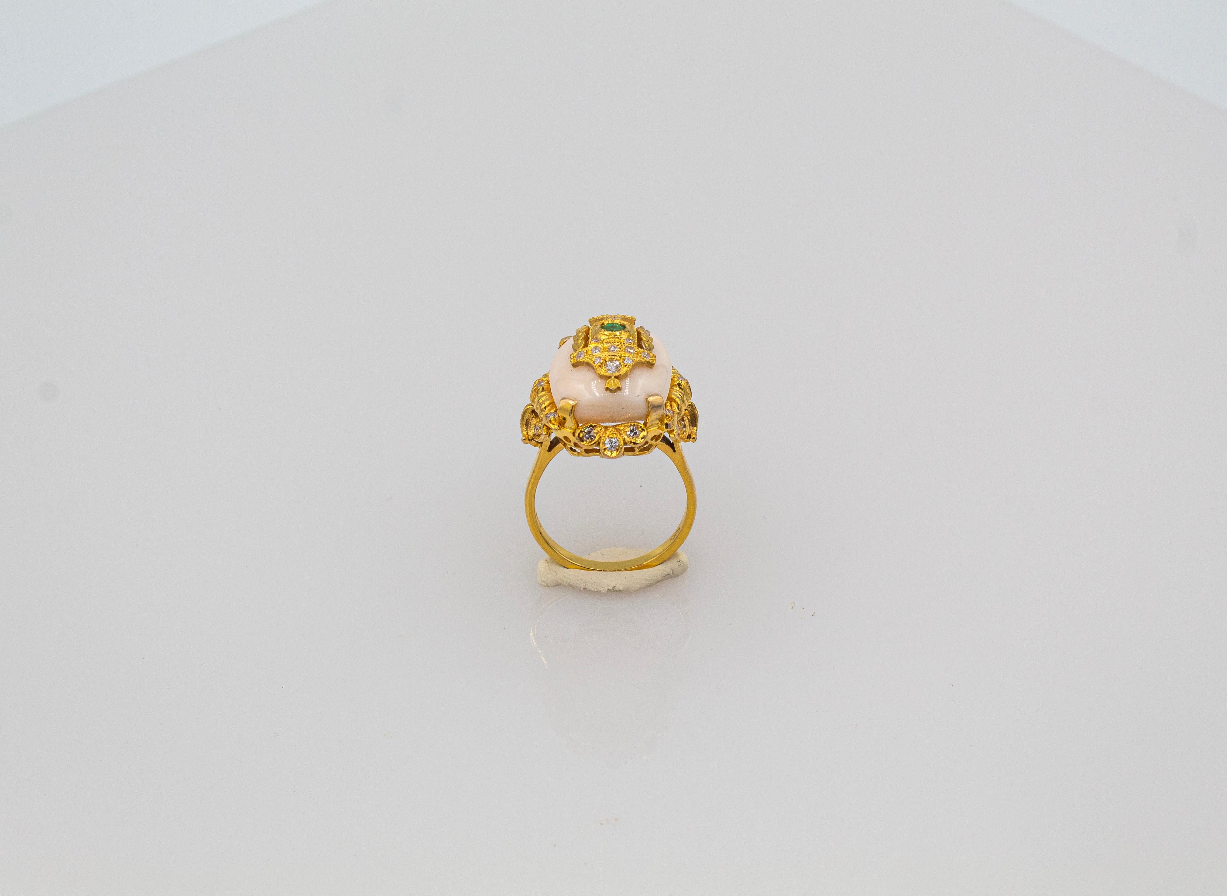 Women's or Men's Art Deco Style Pink Coral White Diamond Emerald Yellow Gold Cocktail Ring