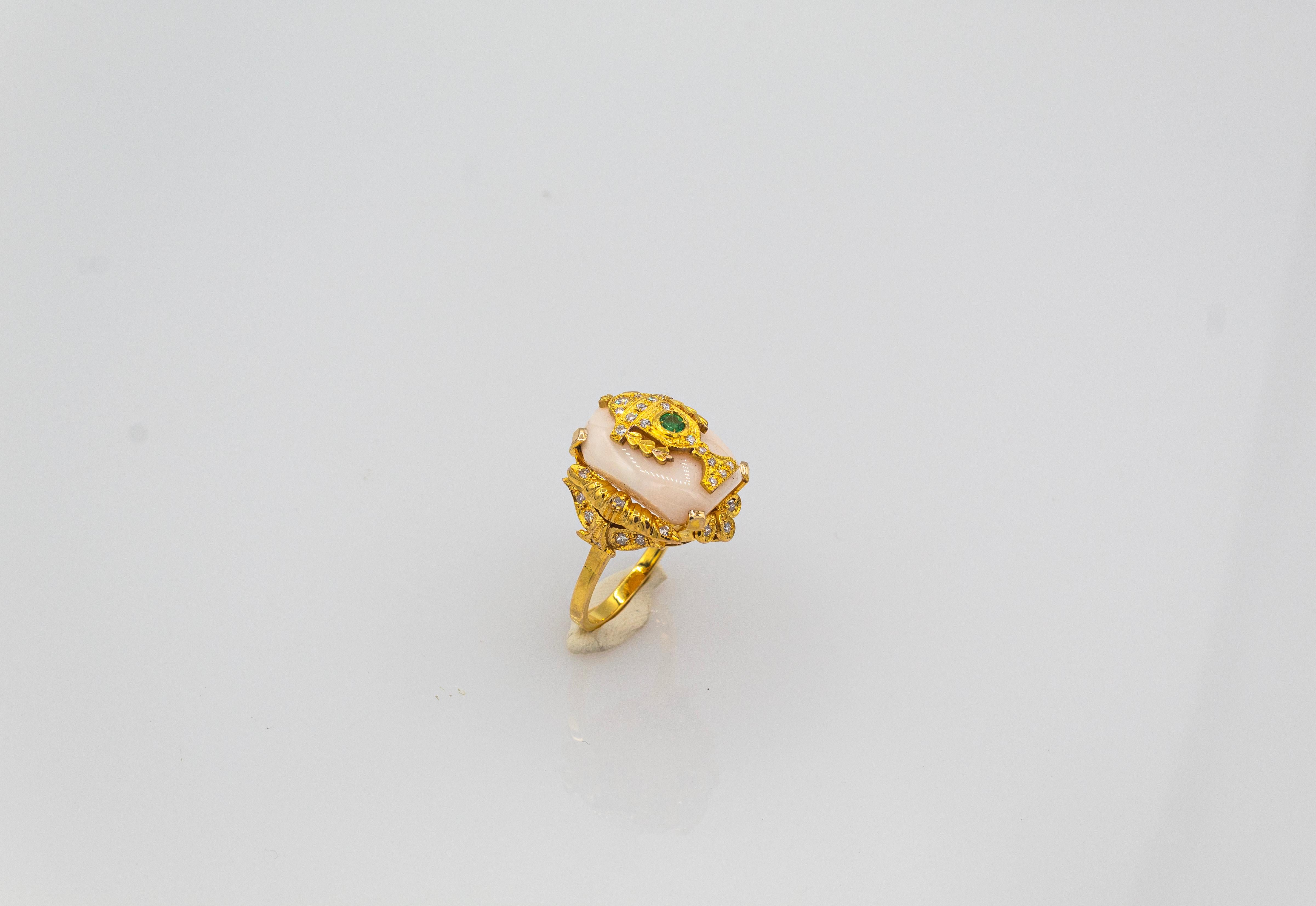 Art Deco Style Pink Coral White Diamond Emerald Yellow Gold Cocktail Ring 1