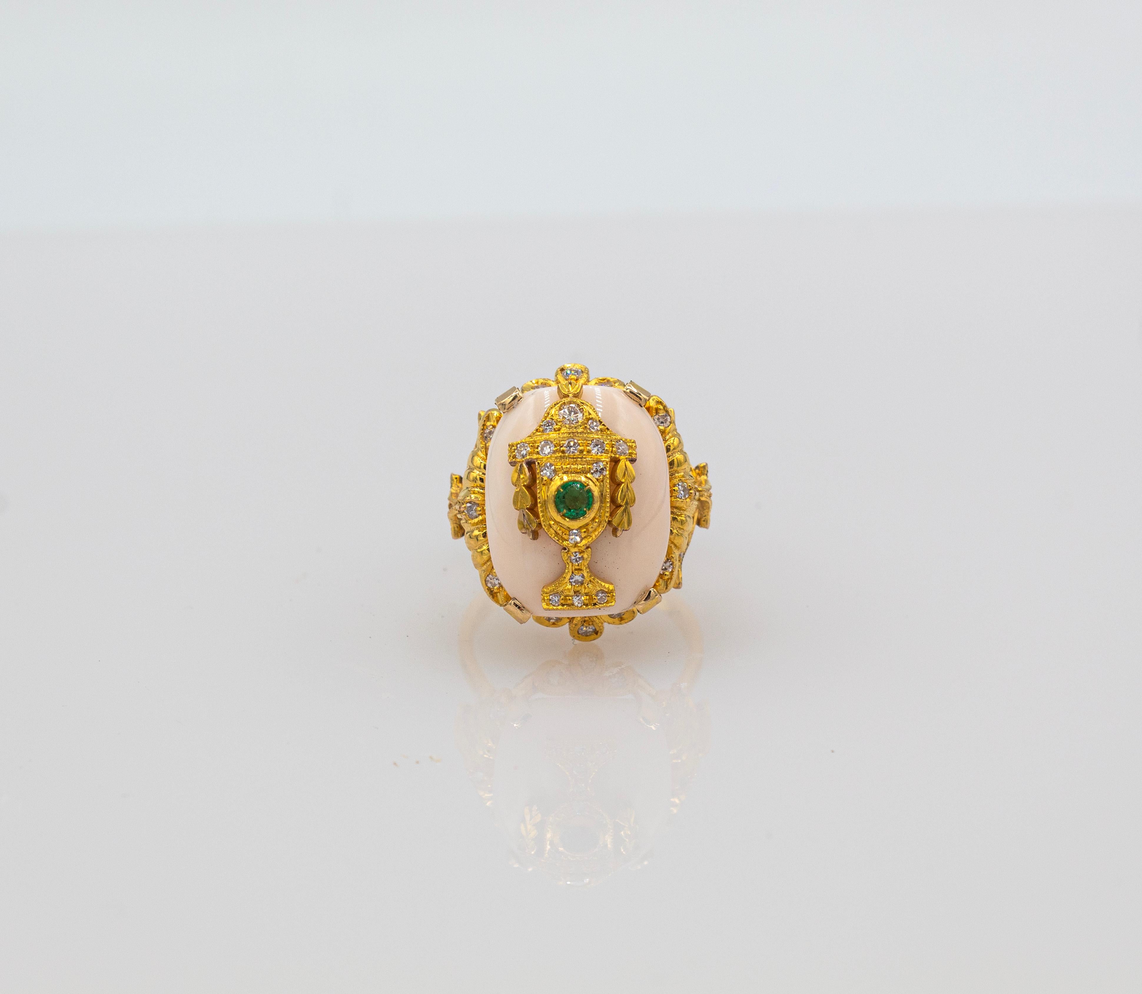 Art Deco Style Pink Coral White Diamond Emerald Yellow Gold Cocktail Ring 2