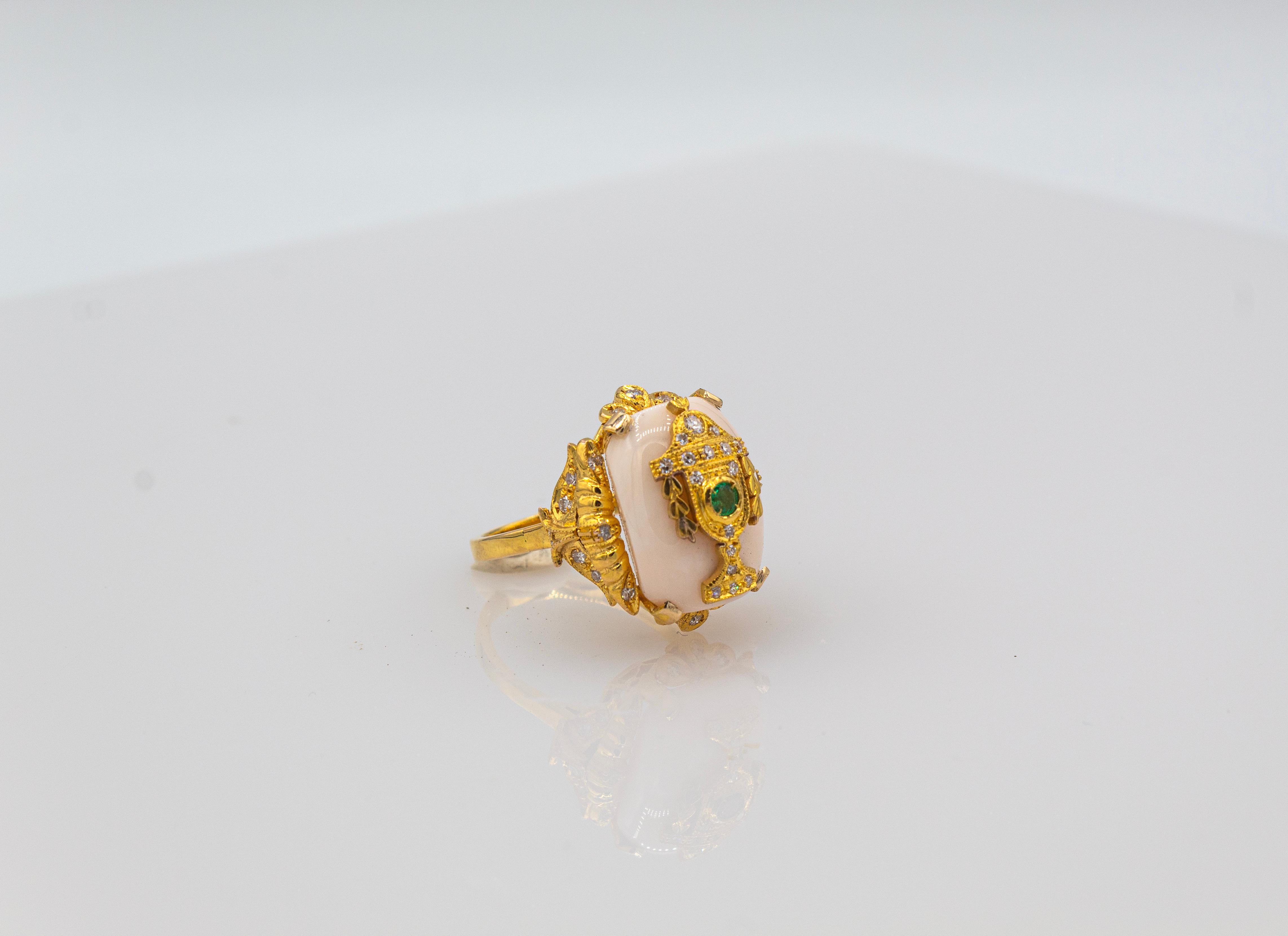 Art Deco Style Pink Coral White Diamond Emerald Yellow Gold Cocktail Ring 3