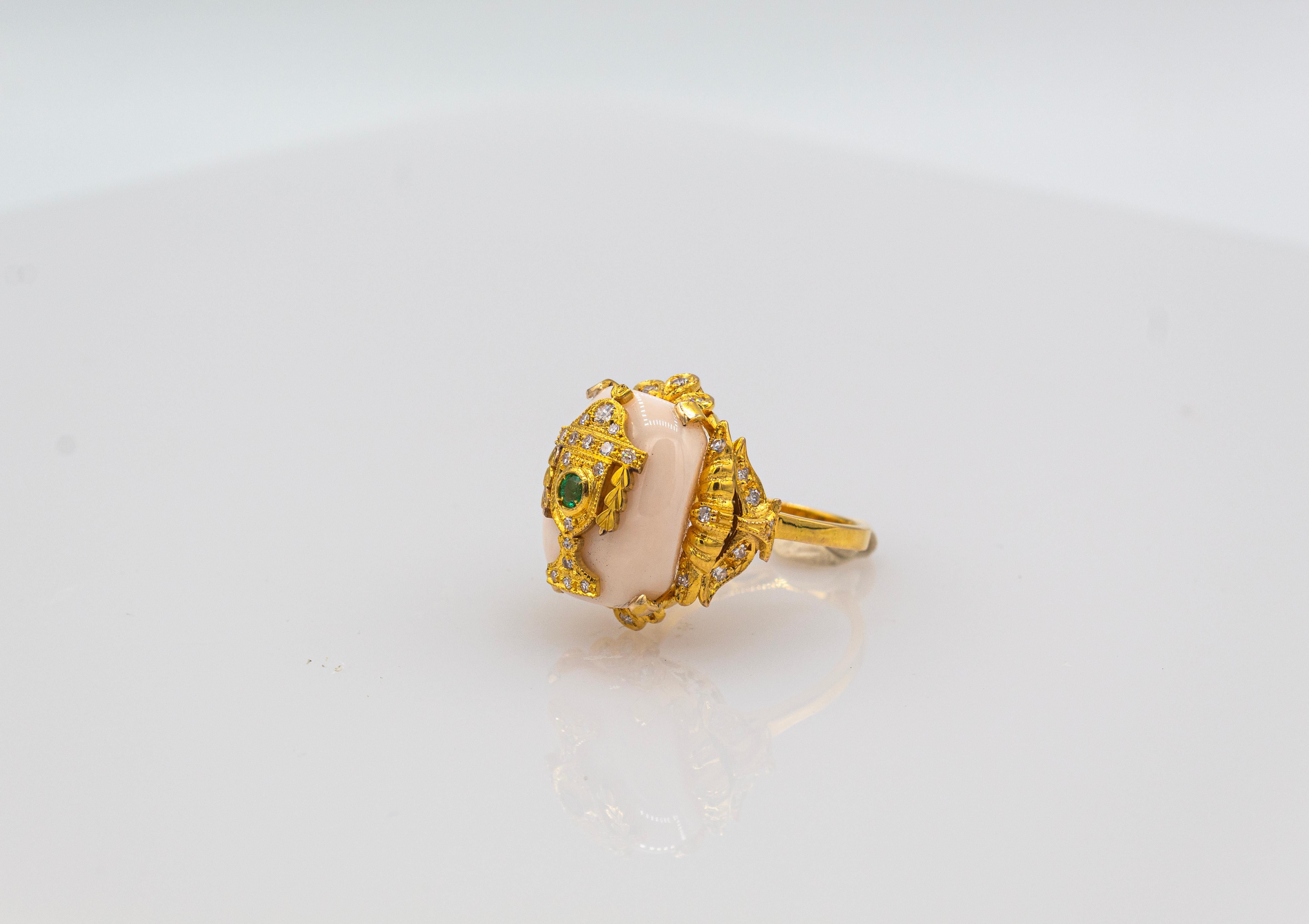 Art Deco Style Pink Coral White Diamond Emerald Yellow Gold Cocktail Ring 4