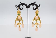 Art Deco Style Pink Coral White Diamond Emerald Yellow Gold Drop Earrings