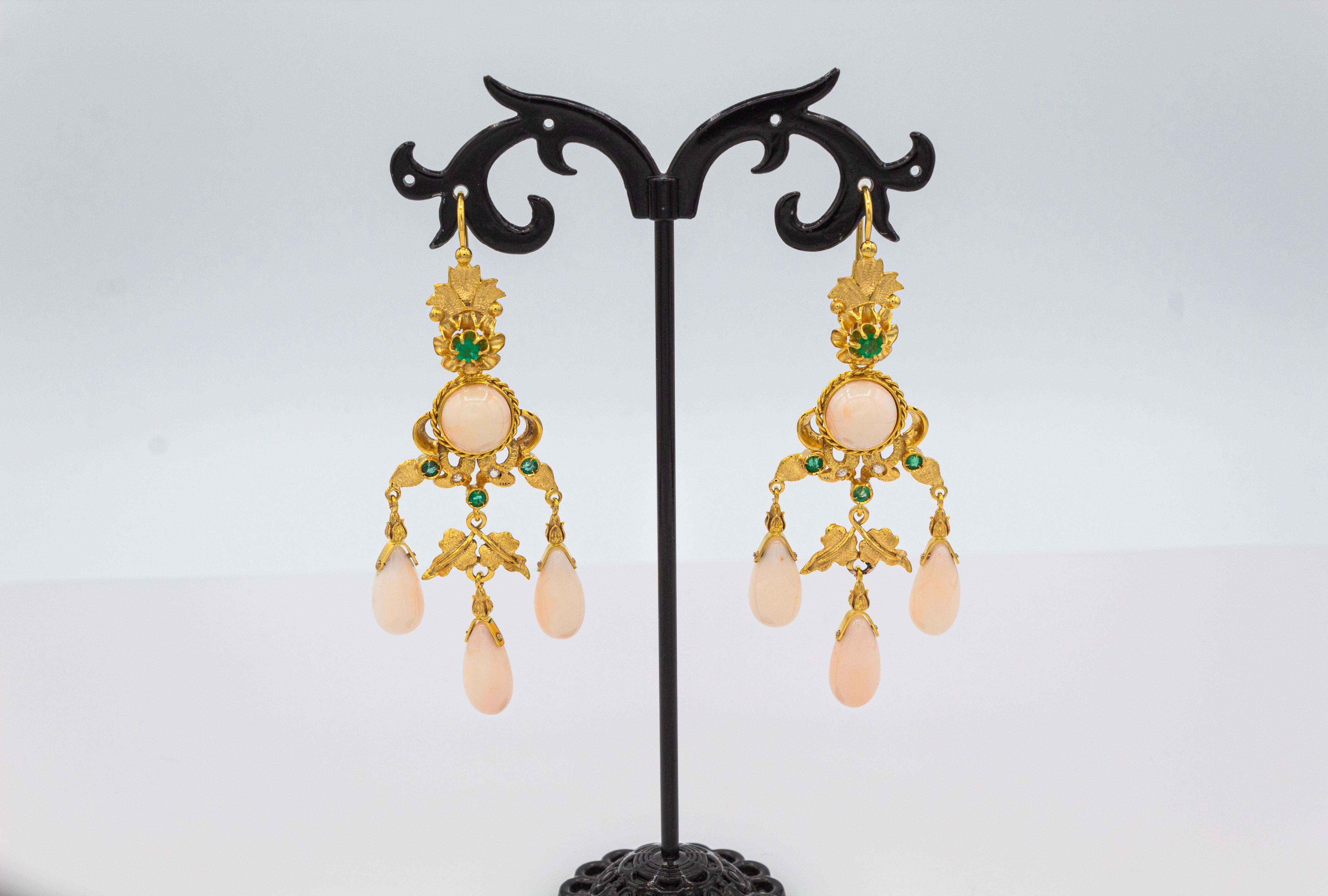 Round Cut Art Deco Style Pink Coral White Diamond Emerald Yellow Gold Drop Earrings For Sale