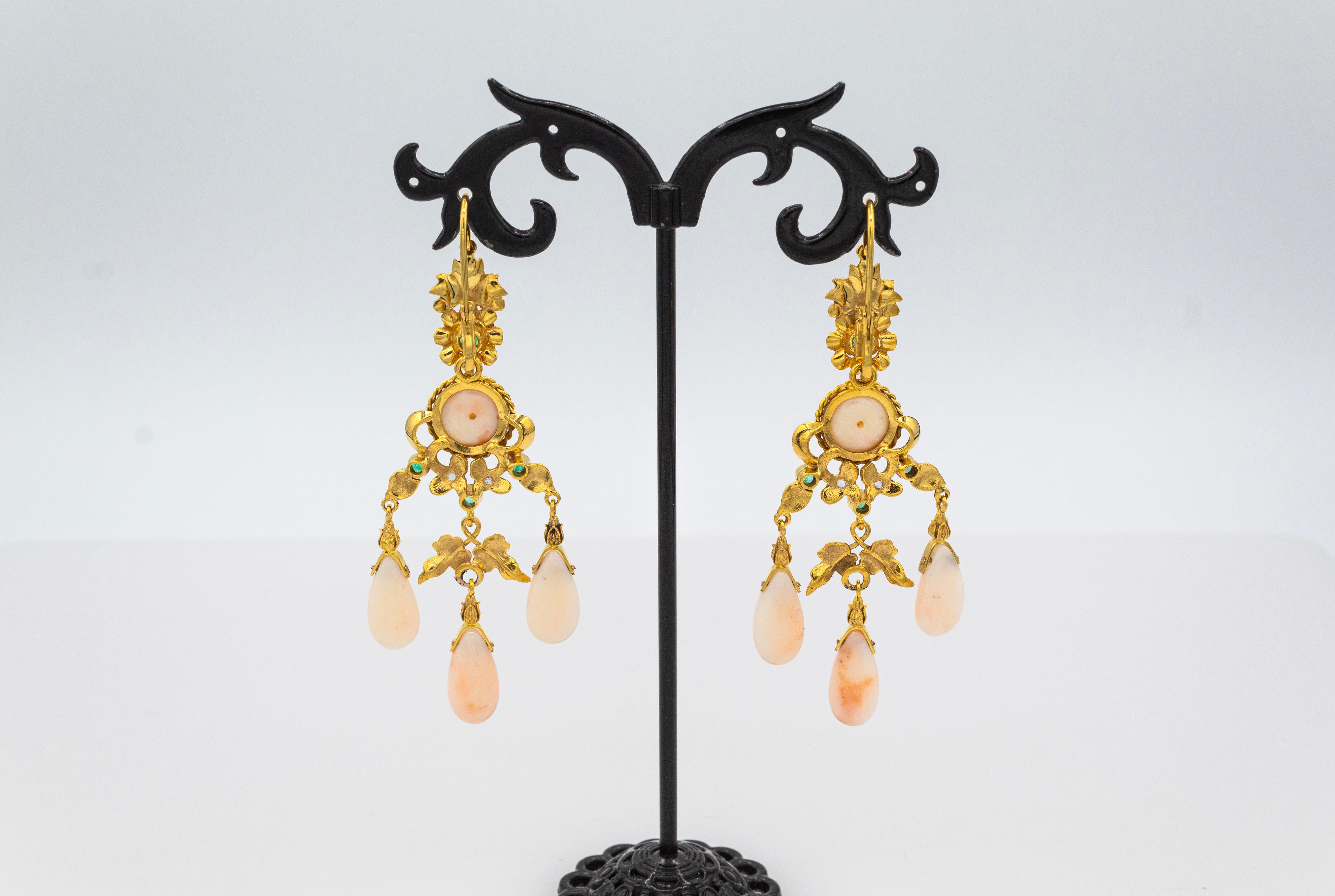 Women's or Men's Art Deco Style Pink Coral White Diamond Emerald Yellow Gold Drop Earrings For Sale