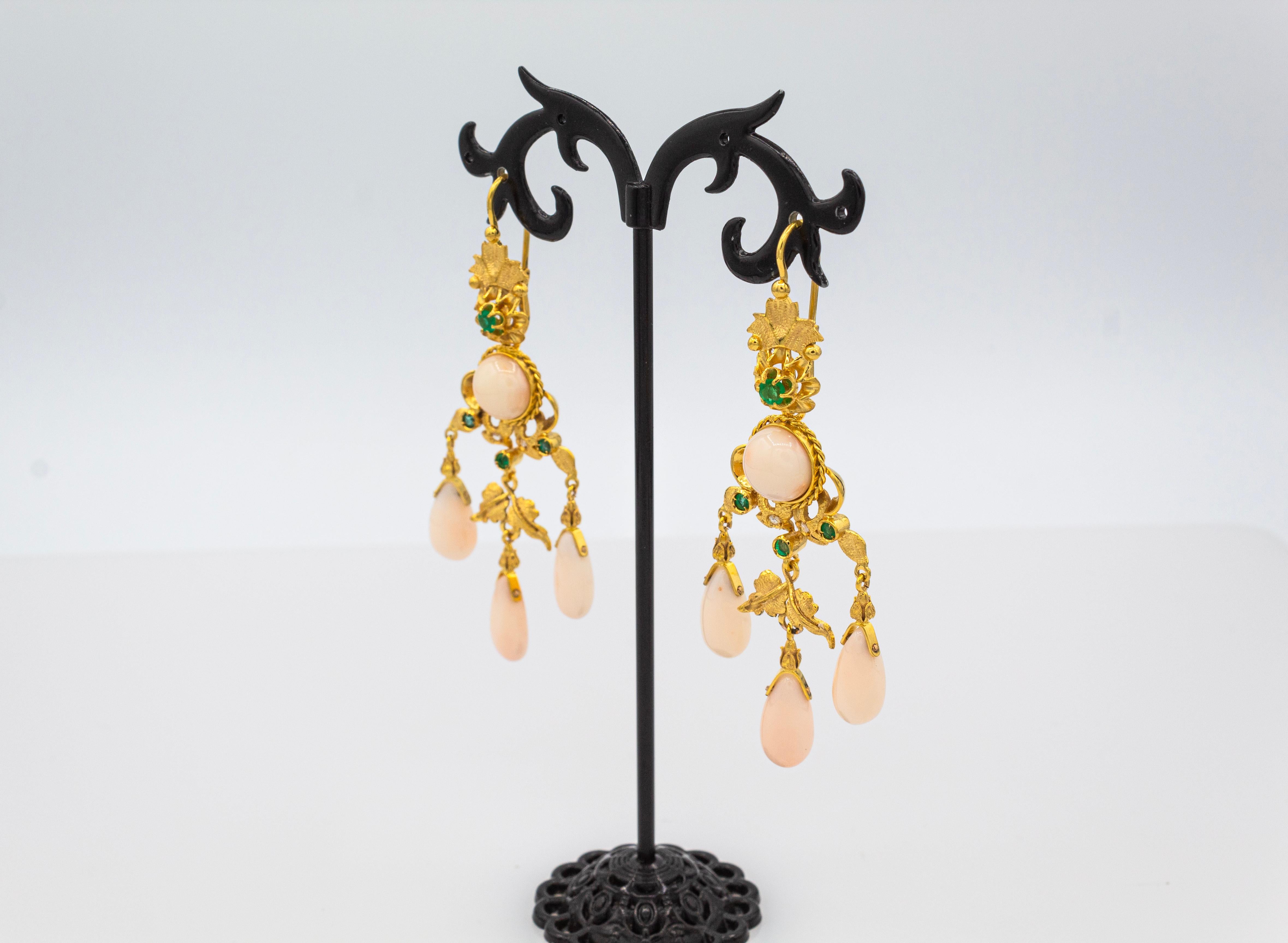 Art Deco Style Pink Coral White Diamond Emerald Yellow Gold Drop Earrings For Sale 1