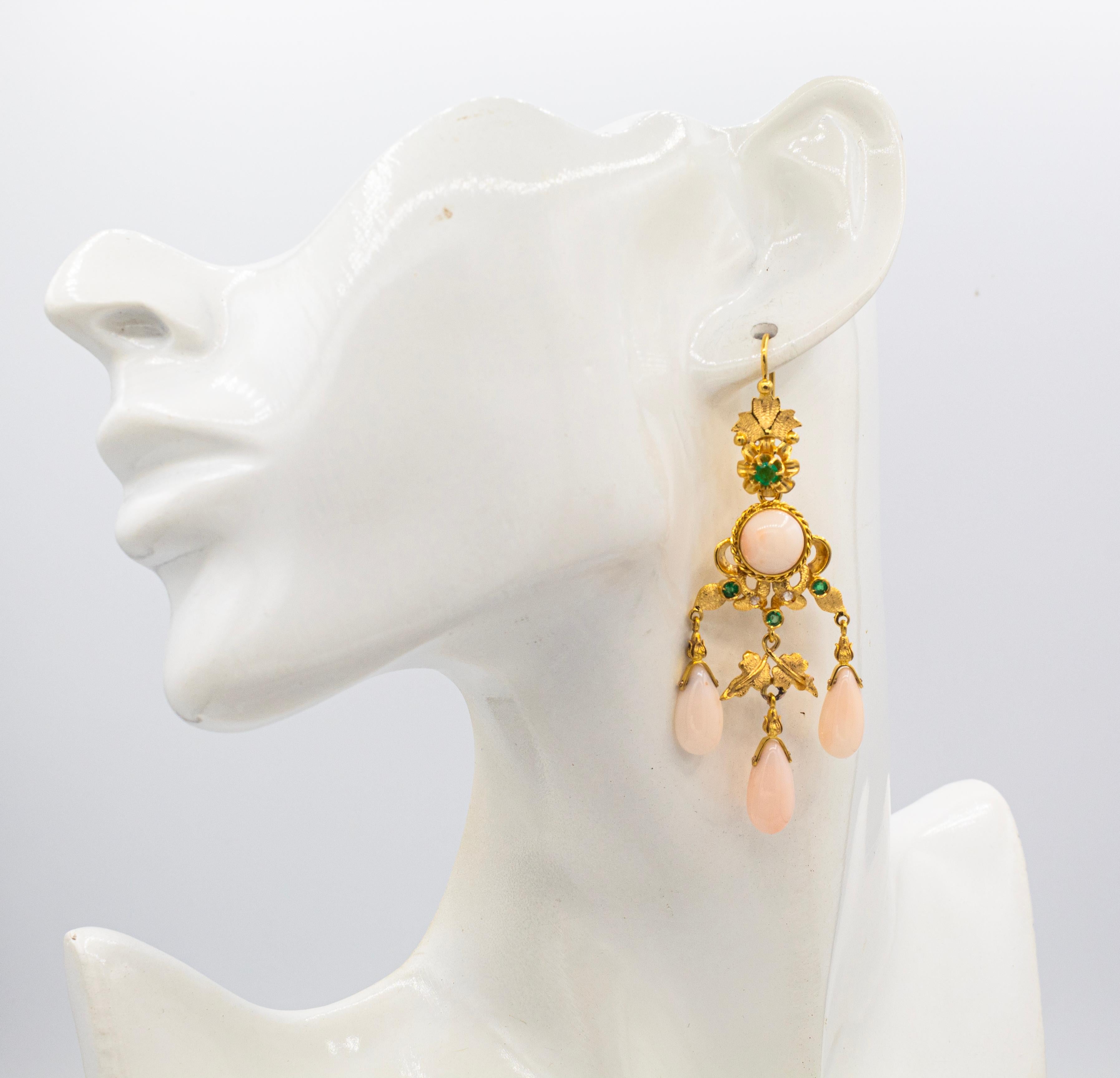 Art Deco Style Pink Coral White Diamond Emerald Yellow Gold Drop Earrings For Sale 2
