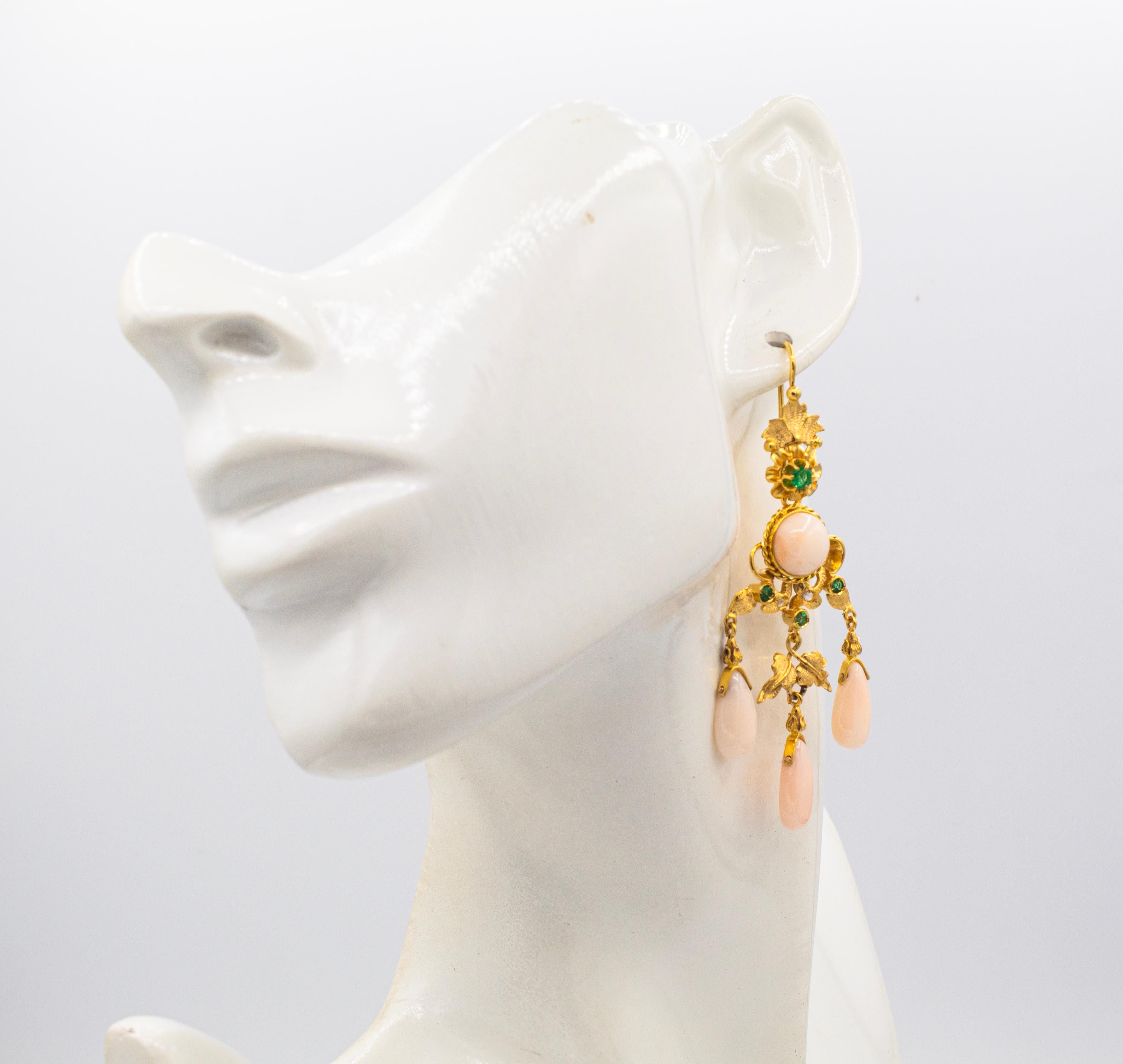 Art Deco Style Pink Coral White Diamond Emerald Yellow Gold Drop Earrings For Sale 3