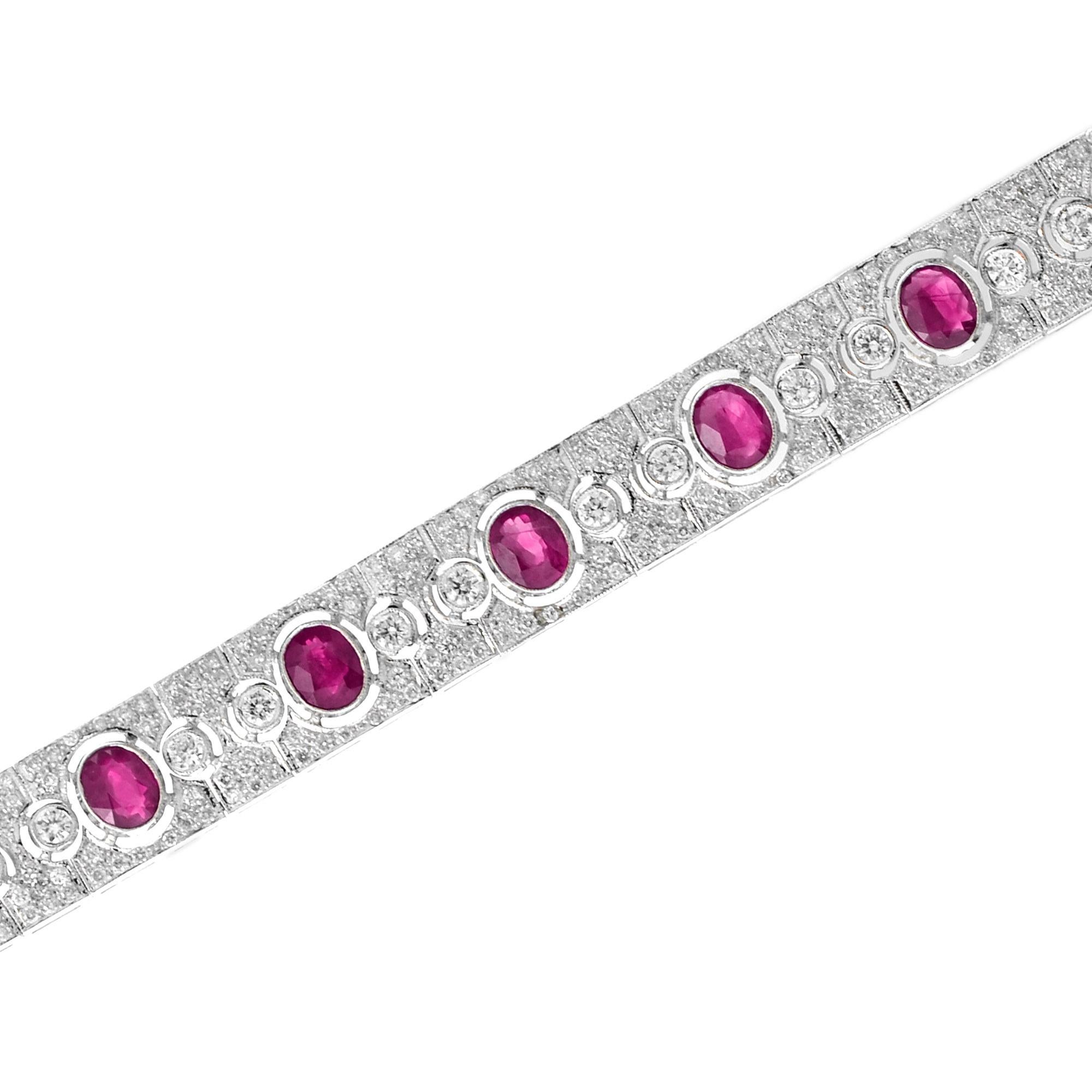 Art Déco Art Deco Style Pink Red Oval Ruby & Diamond Tennis 18K White Gold Bracelet in vendita