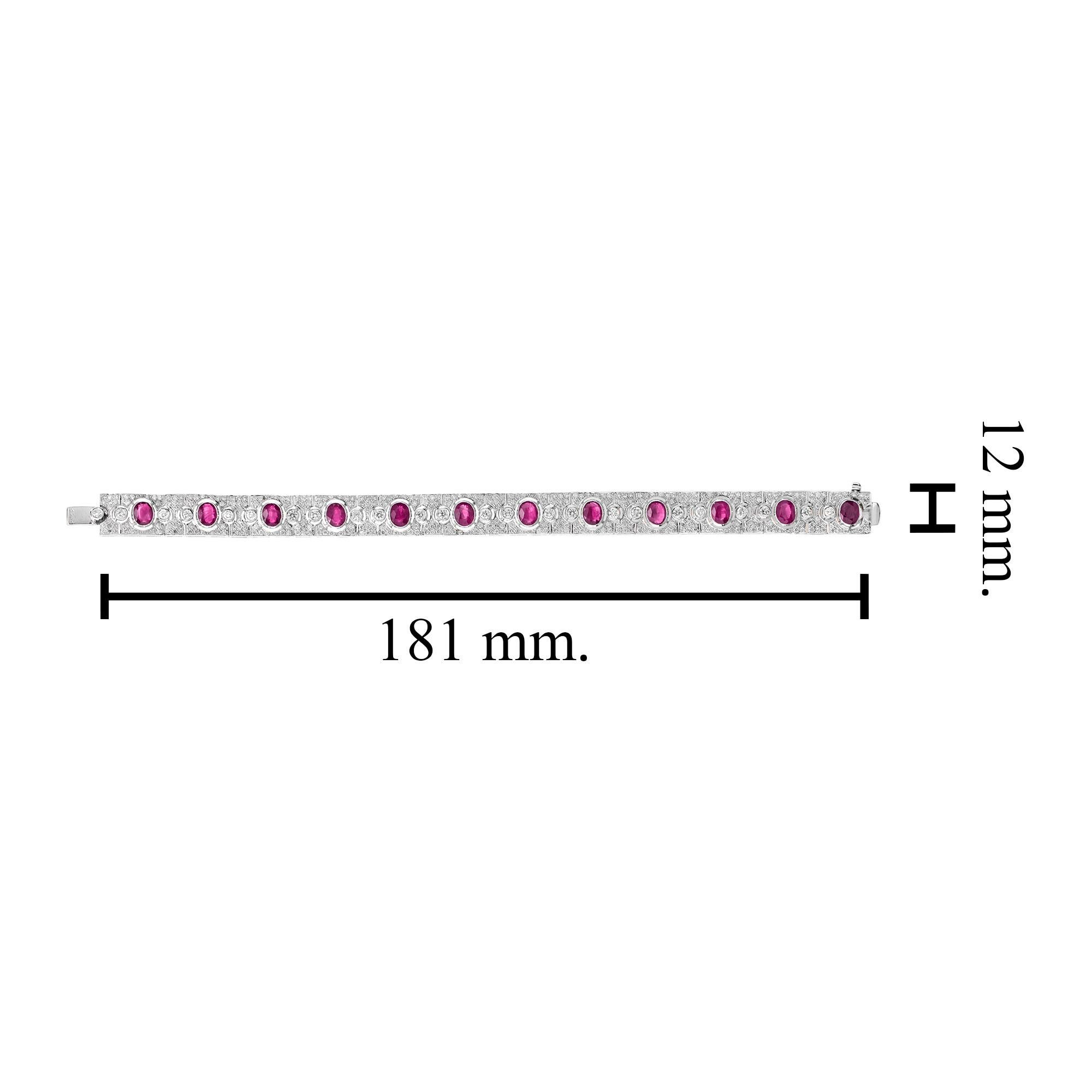 Taglio ovale Art Deco Style Pink Red Oval Ruby & Diamond Tennis 18K White Gold Bracelet in vendita