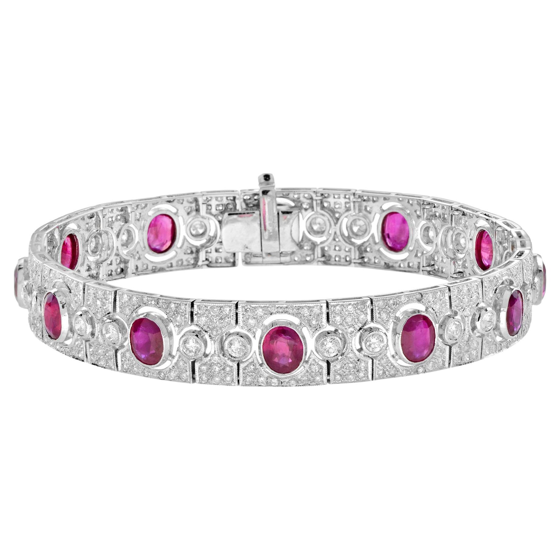 Art Deco Style Pink Red Oval Ruby & Diamond Tennis 18K White Gold Bracelet in vendita