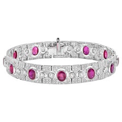 Art Deco Style Pink Red Oval Ruby & Diamond Tennis 18K White Gold Bracelet