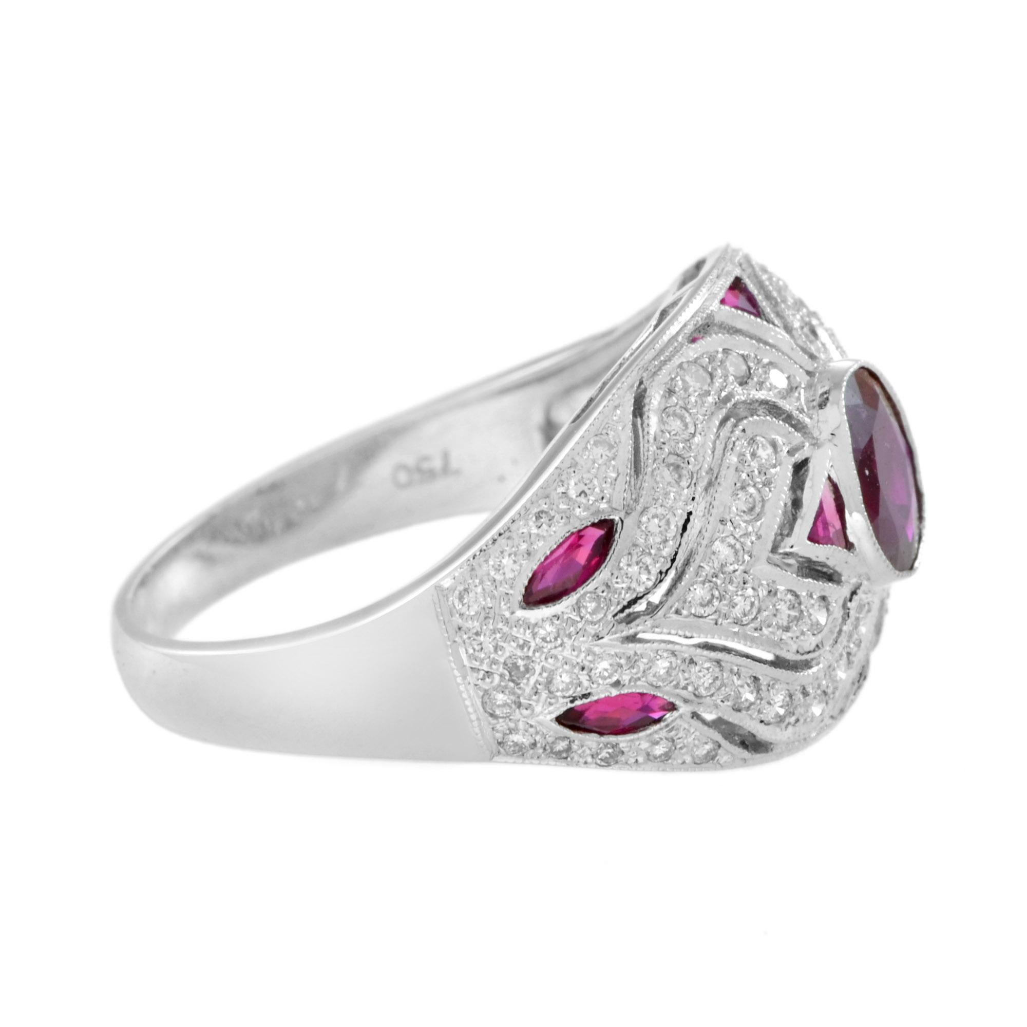 A bold ruby and diamond vintage inspired ring as it could be worn as a right hand ring or as engagement ring. Centering an oval cut ruby weighting 0.65 carat. The setting is made of solid 18k white gold and every surface has been intricately